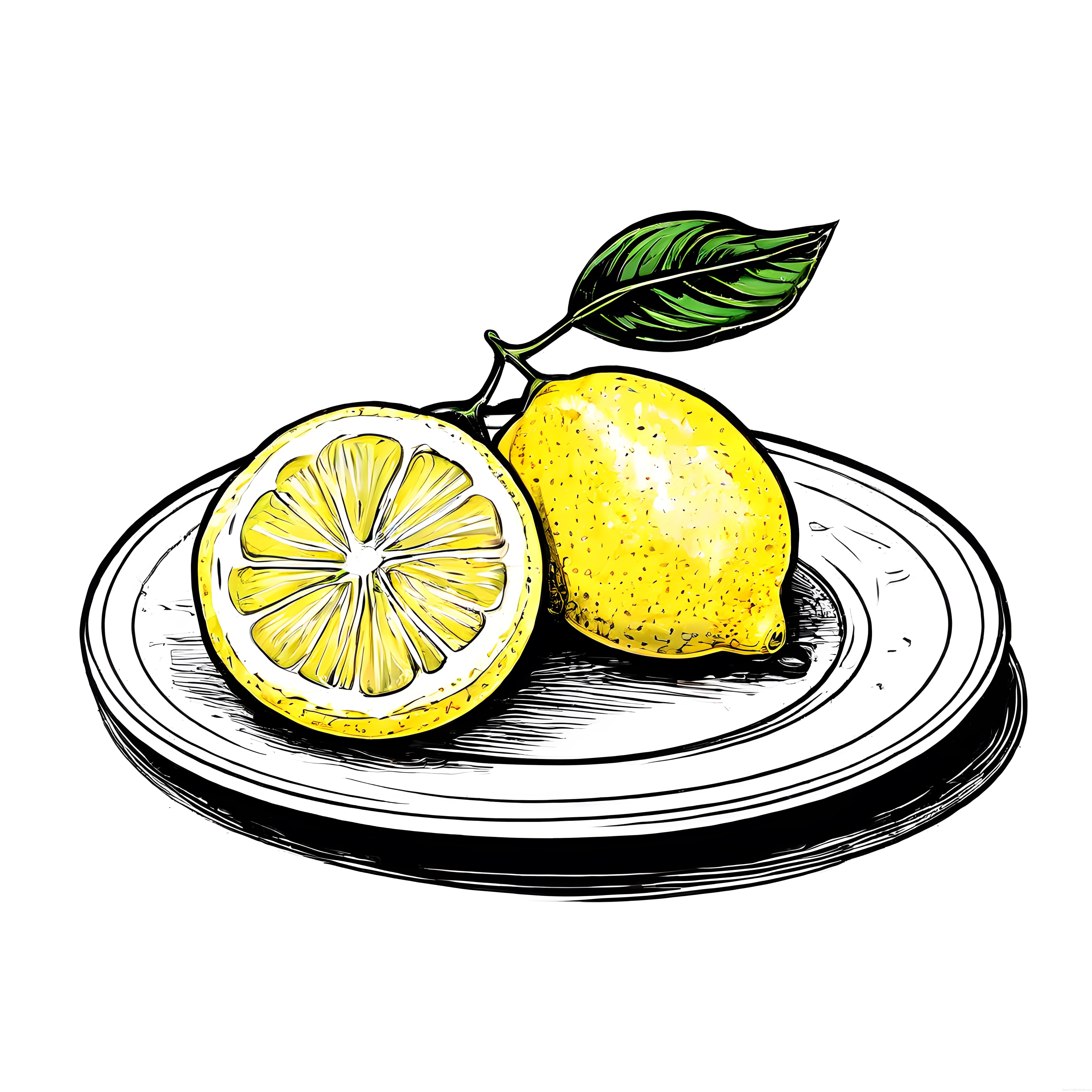 Beyaz Tabakta Taze Limon ve Diliminin Sanatsal Dijital İllüstrasyonu