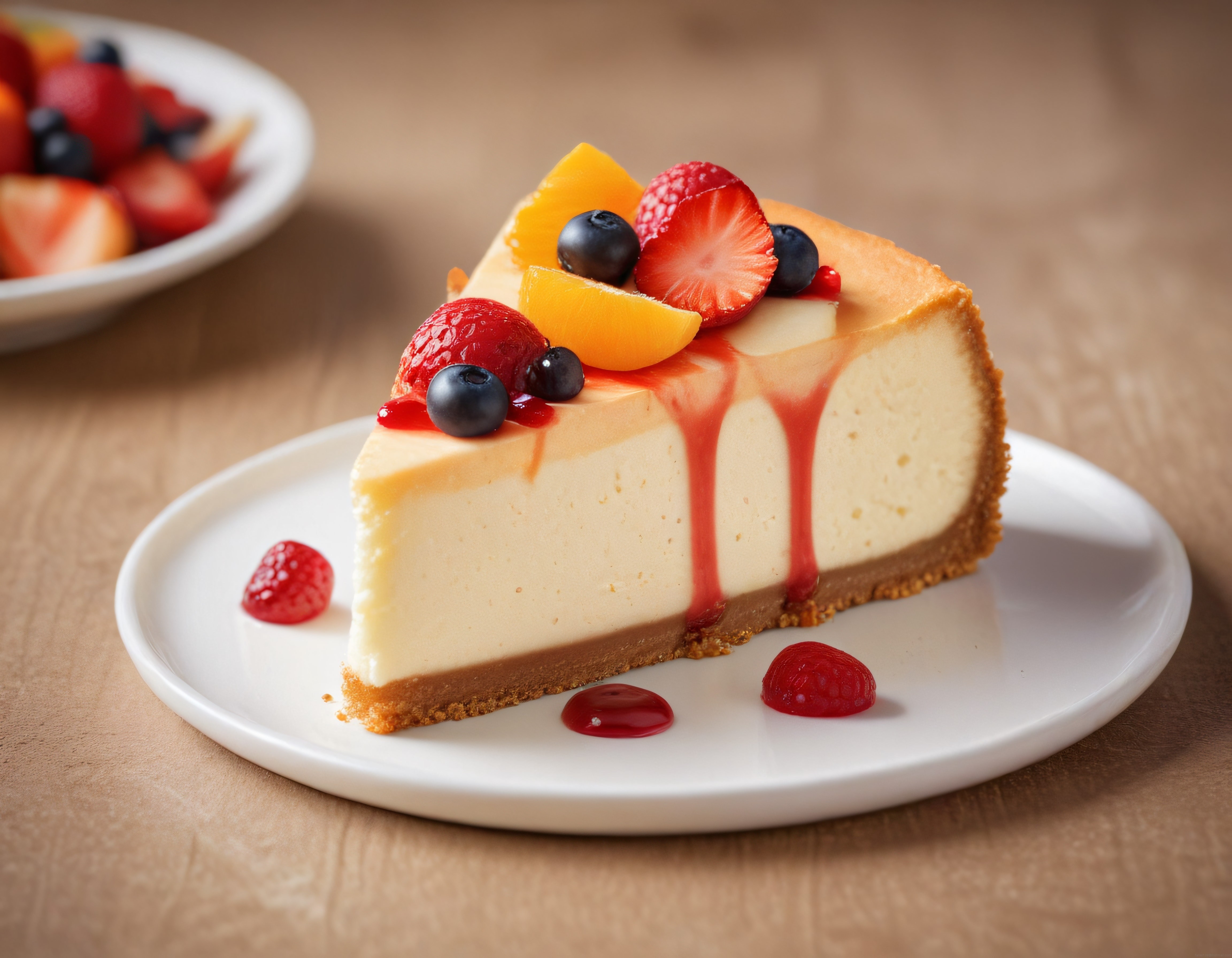 Beyaz Tabakta Taze Meyvelerle Süslenmiş Kreması Cheesecake Dilimi