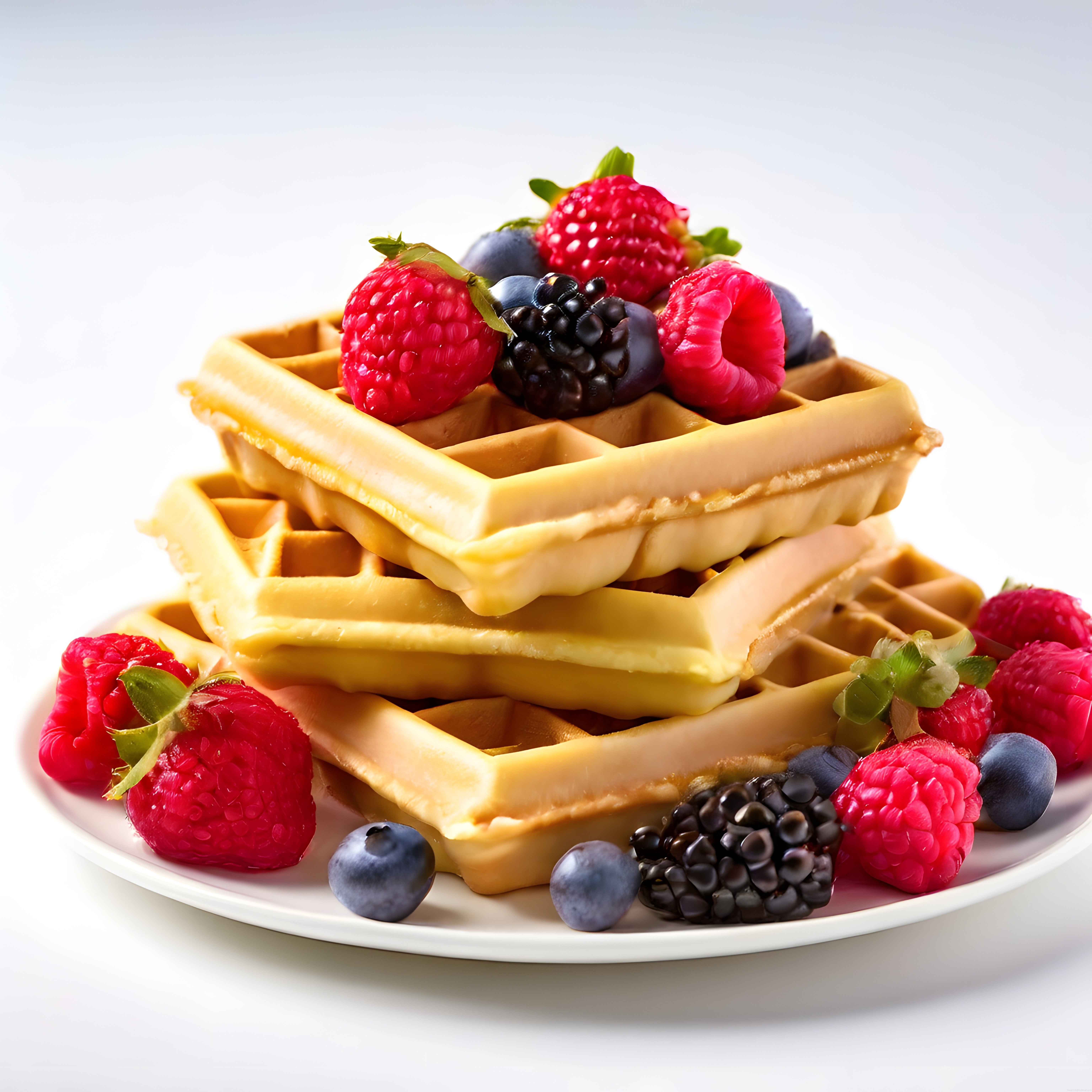 Beyaz Tabakta Taze Orman Meyveleriyle Süslenmiş Altın Rengi Waffle Kulesi