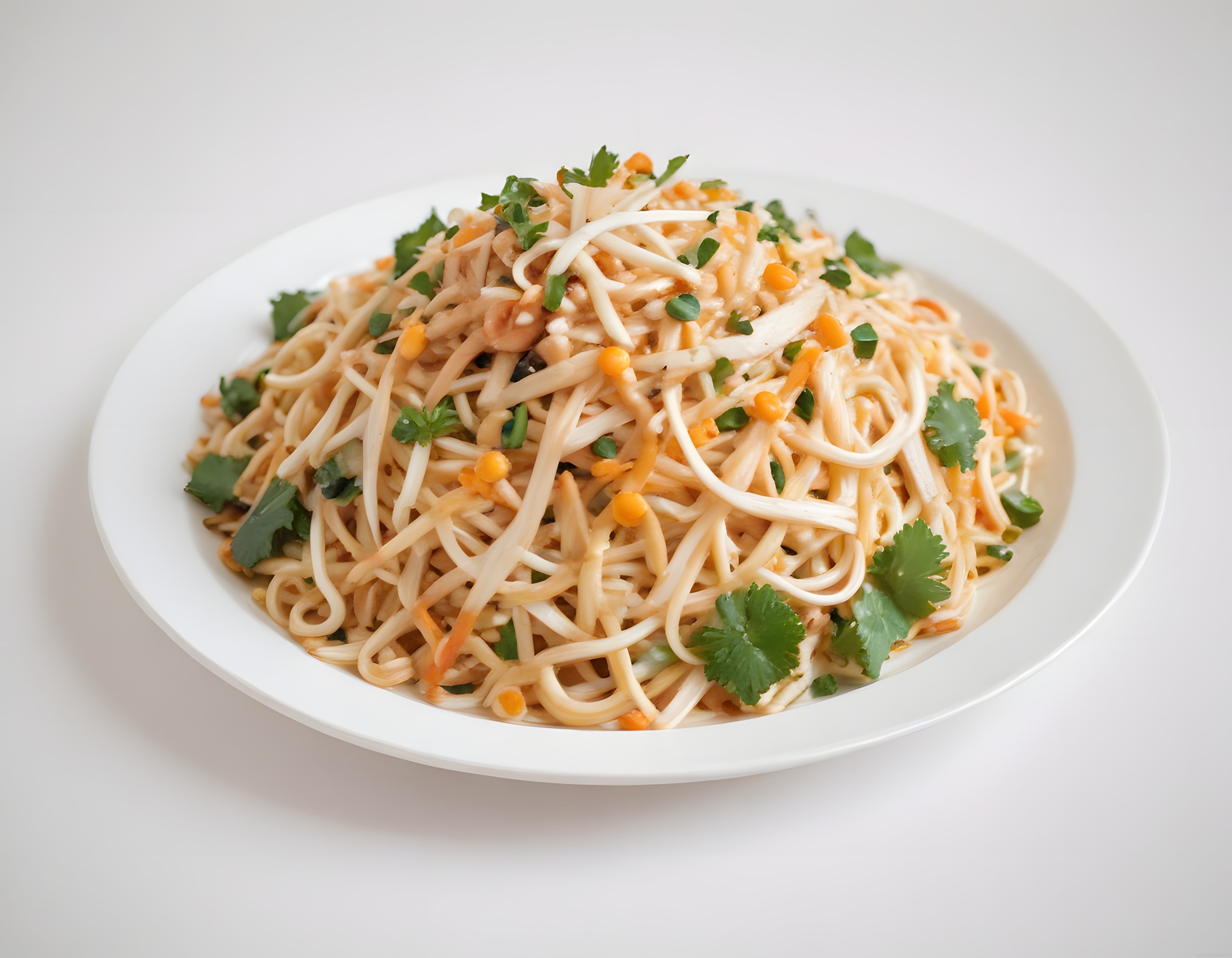 Beyaz Tabakta Taze Otlar ve Filizlerle Süslenmiş Soğuk Noodle Salatası