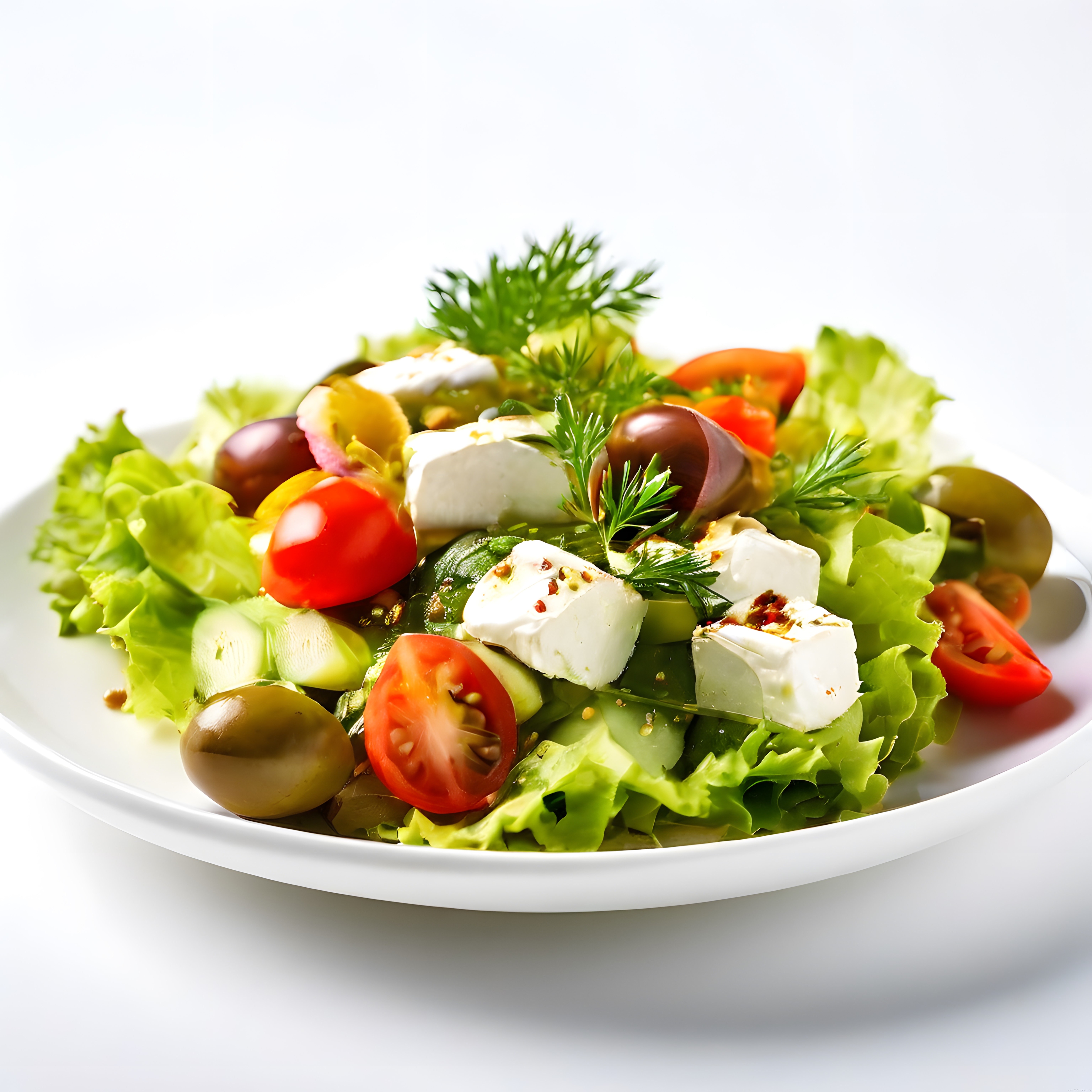 Beyaz Tabakta Taze Peynirli ve Zeytinli Akdeniz Salatası