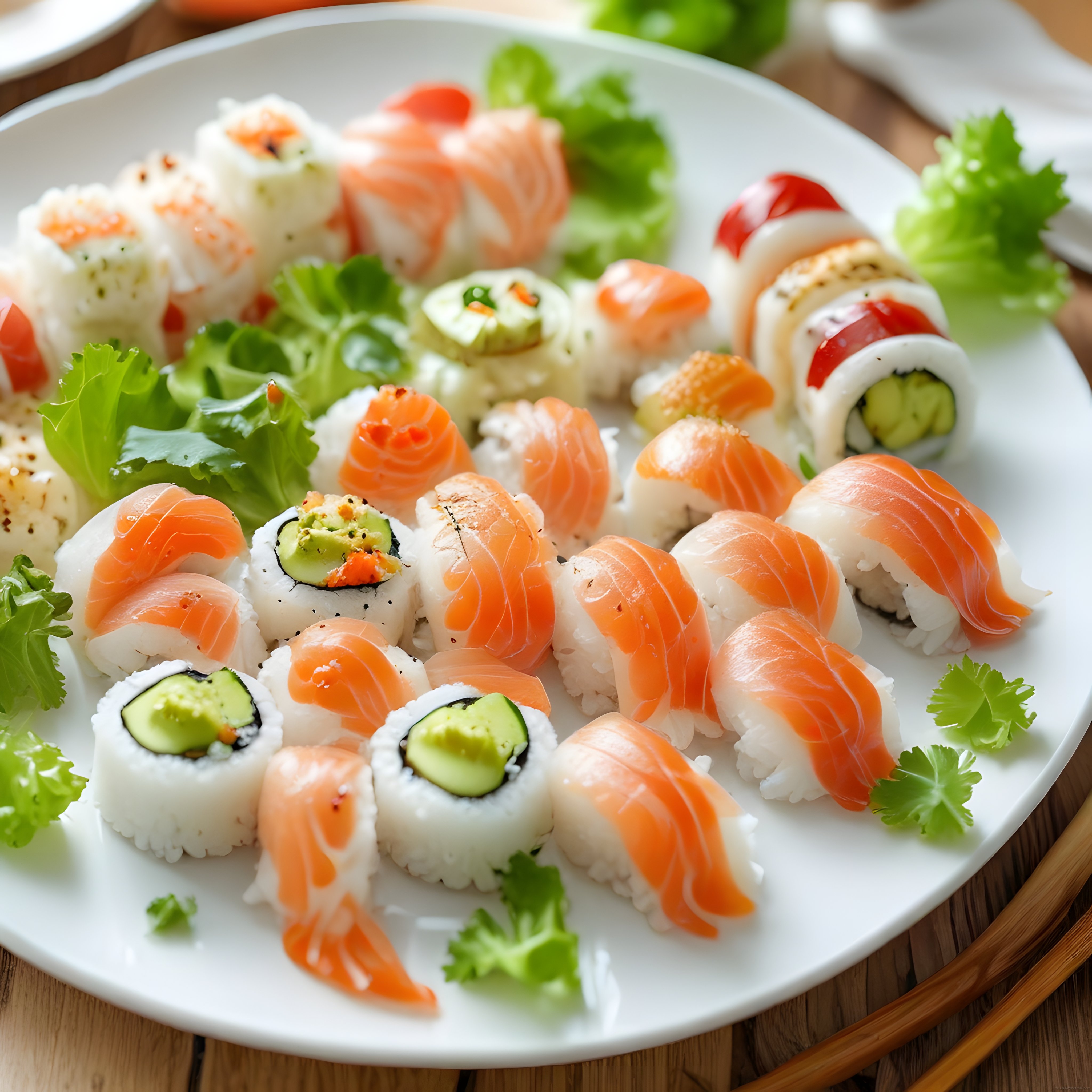 Beyaz Tabakta Taze Somonlu Nigiri ve Avokadolu Maki Sushi Sunumu