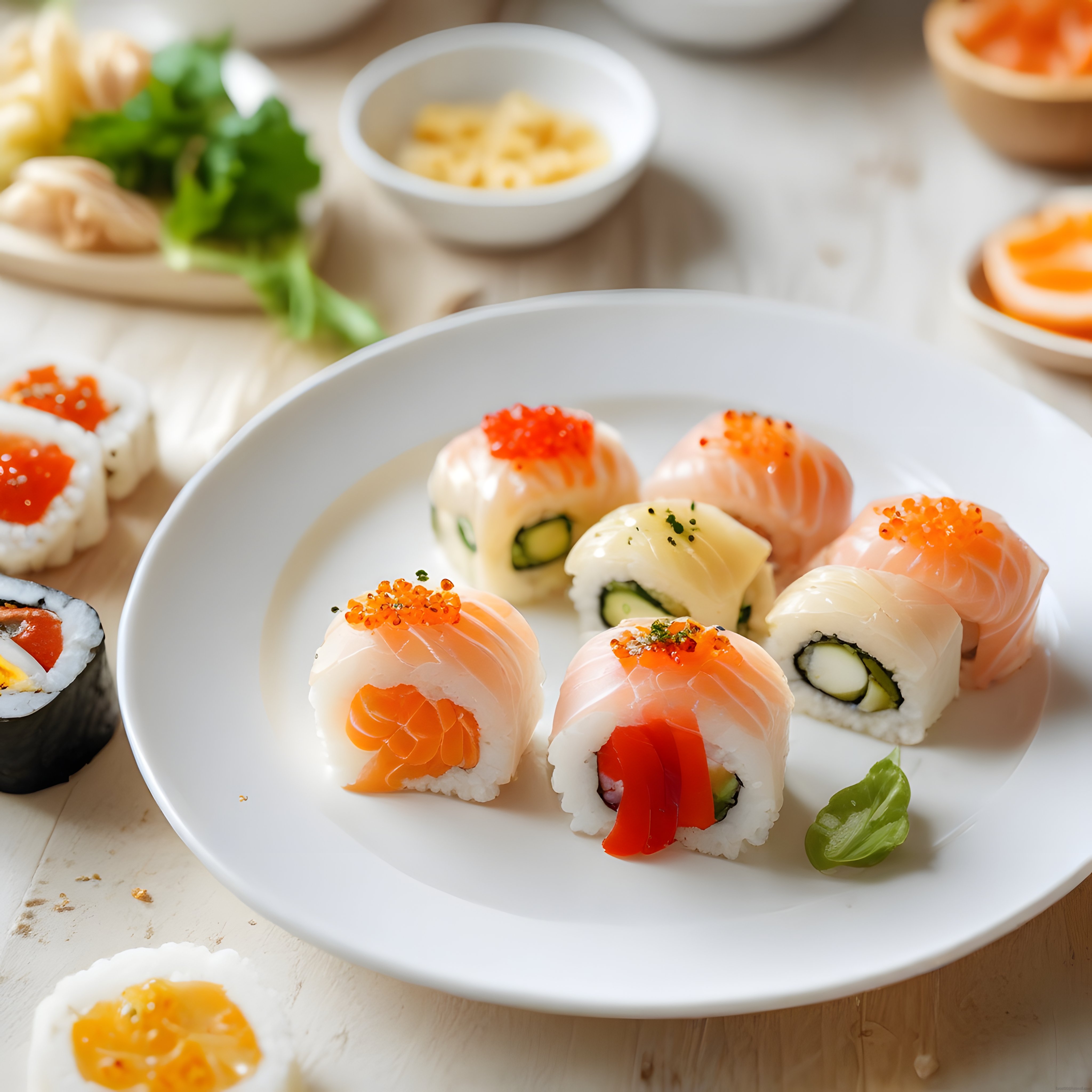 Beyaz Tabakta Taze Somonlu ve Kırmızı Havyarlı Sushi Çeşitleri
