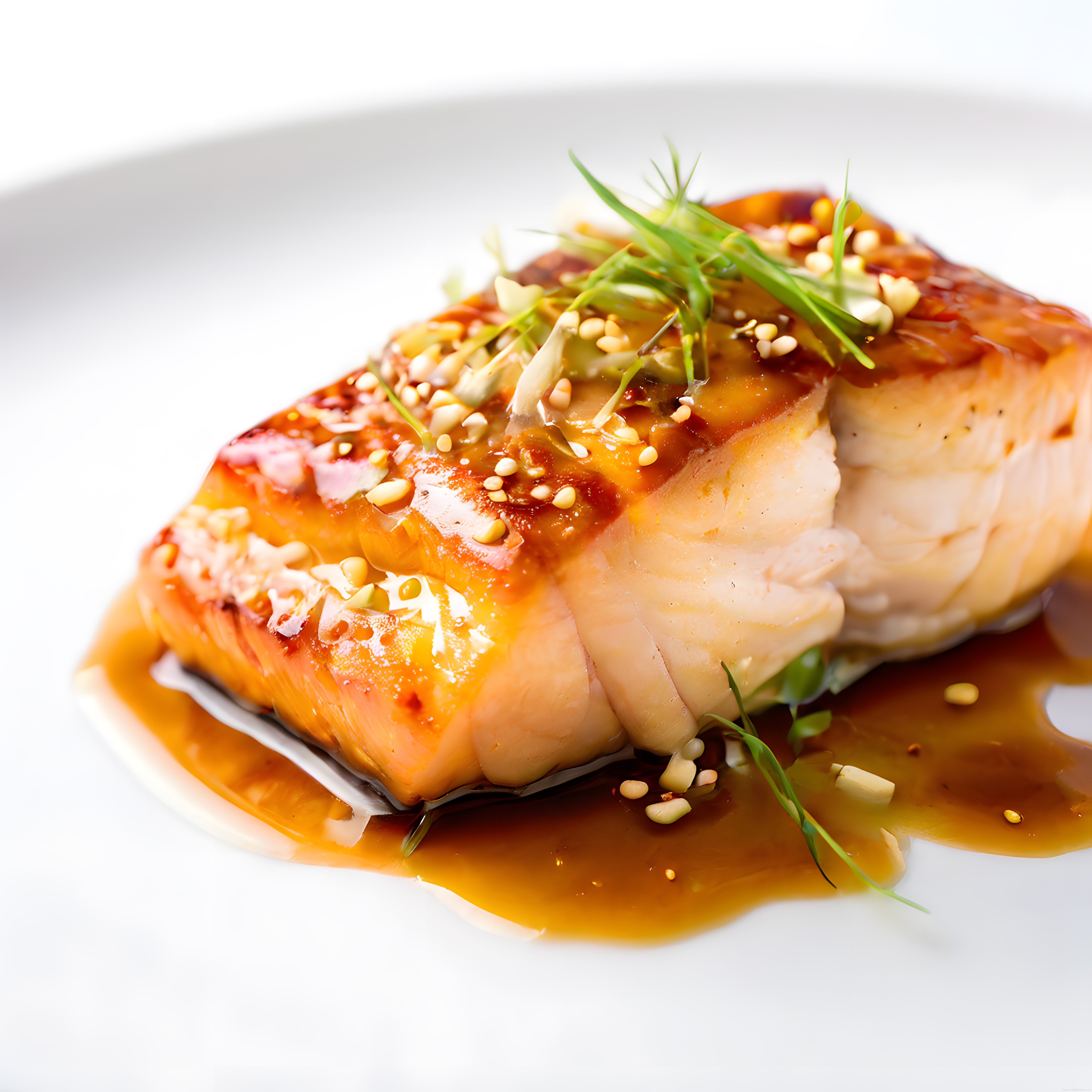 Beyaz Tabakta Teriyaki Soslu Balık Filetosu: Susamlı ve Yeşillikli Lokanta Sunumu