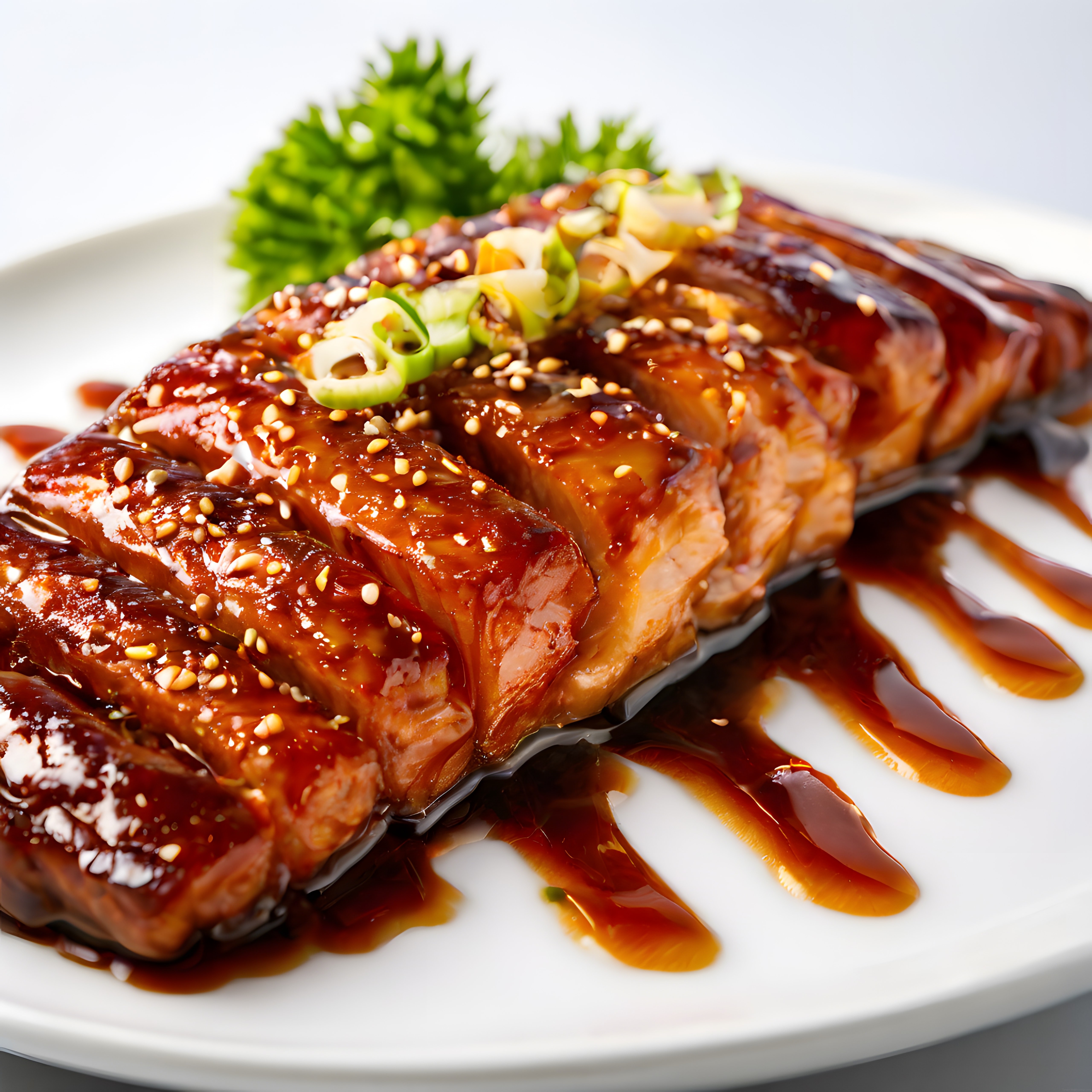 Beyaz Tabakta Teriyaki Soslu Susam ve Yeşil Soğanlı Somon Sunumu