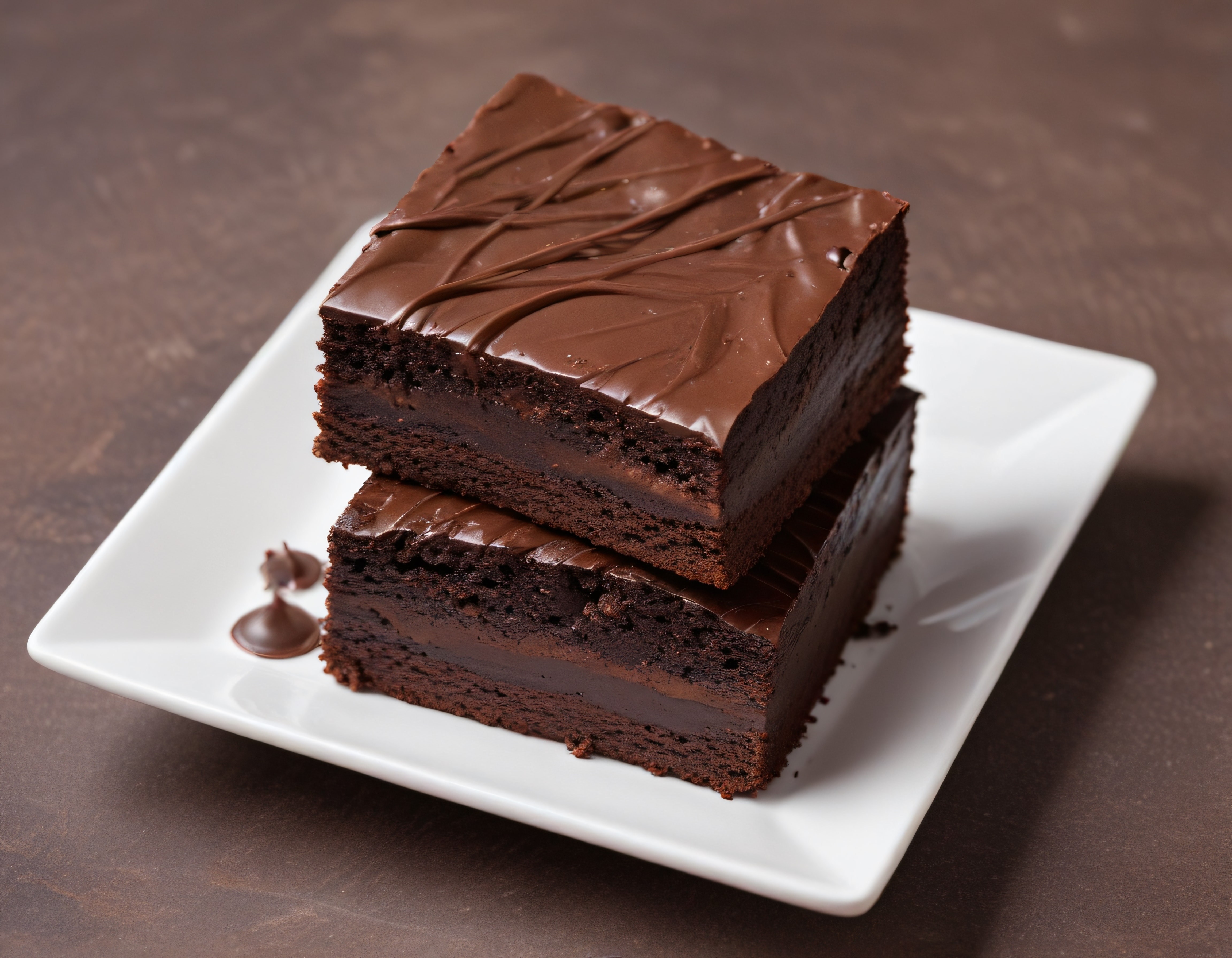 Beyaz Tabakta Üst Üste Dizilmiş Çikolata Glazürlü Brownie Dilimleri