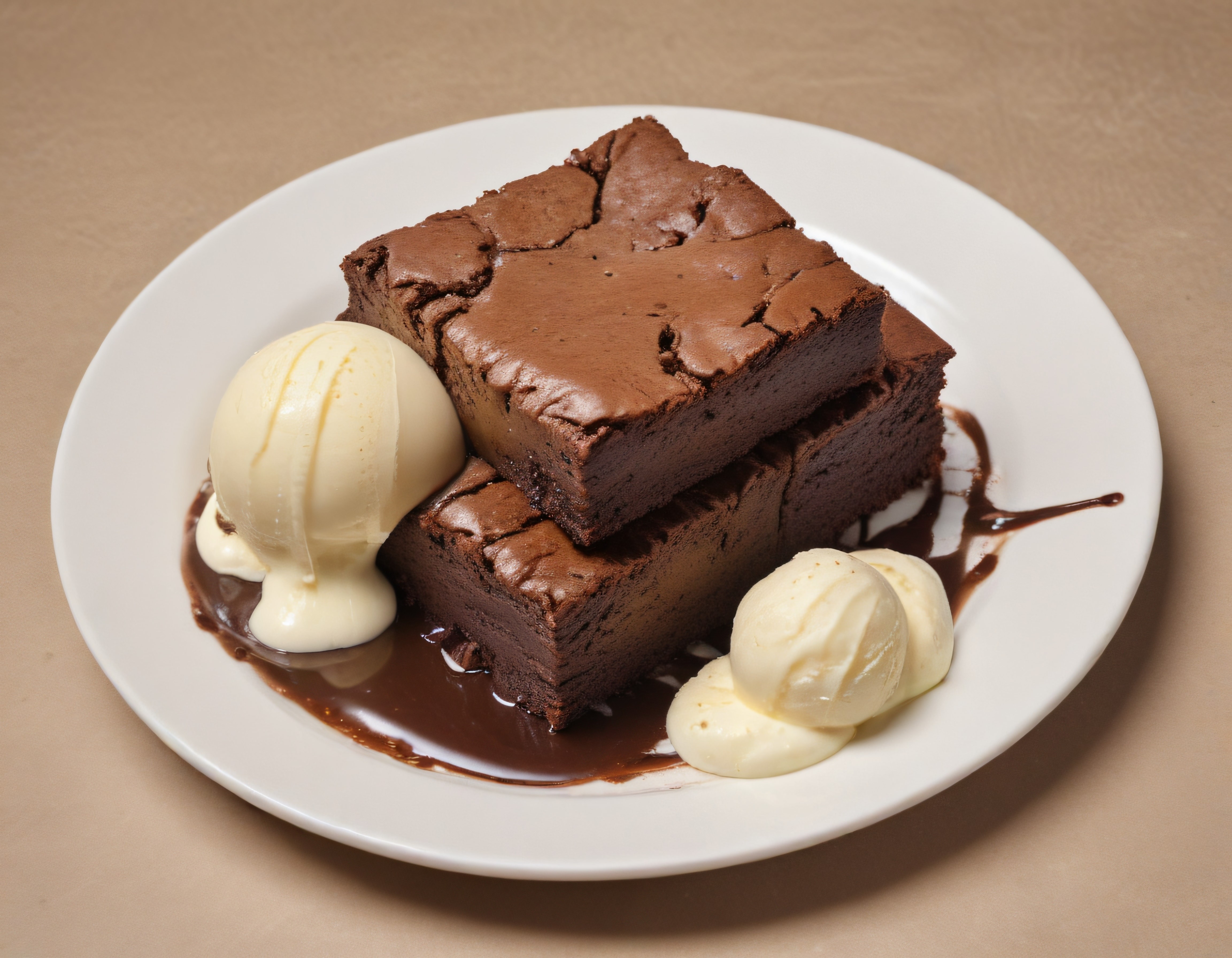 Beyaz Tabakta Vanilyalı Dondurma ve Çikolata Soslu Islak Brownie Dilimi