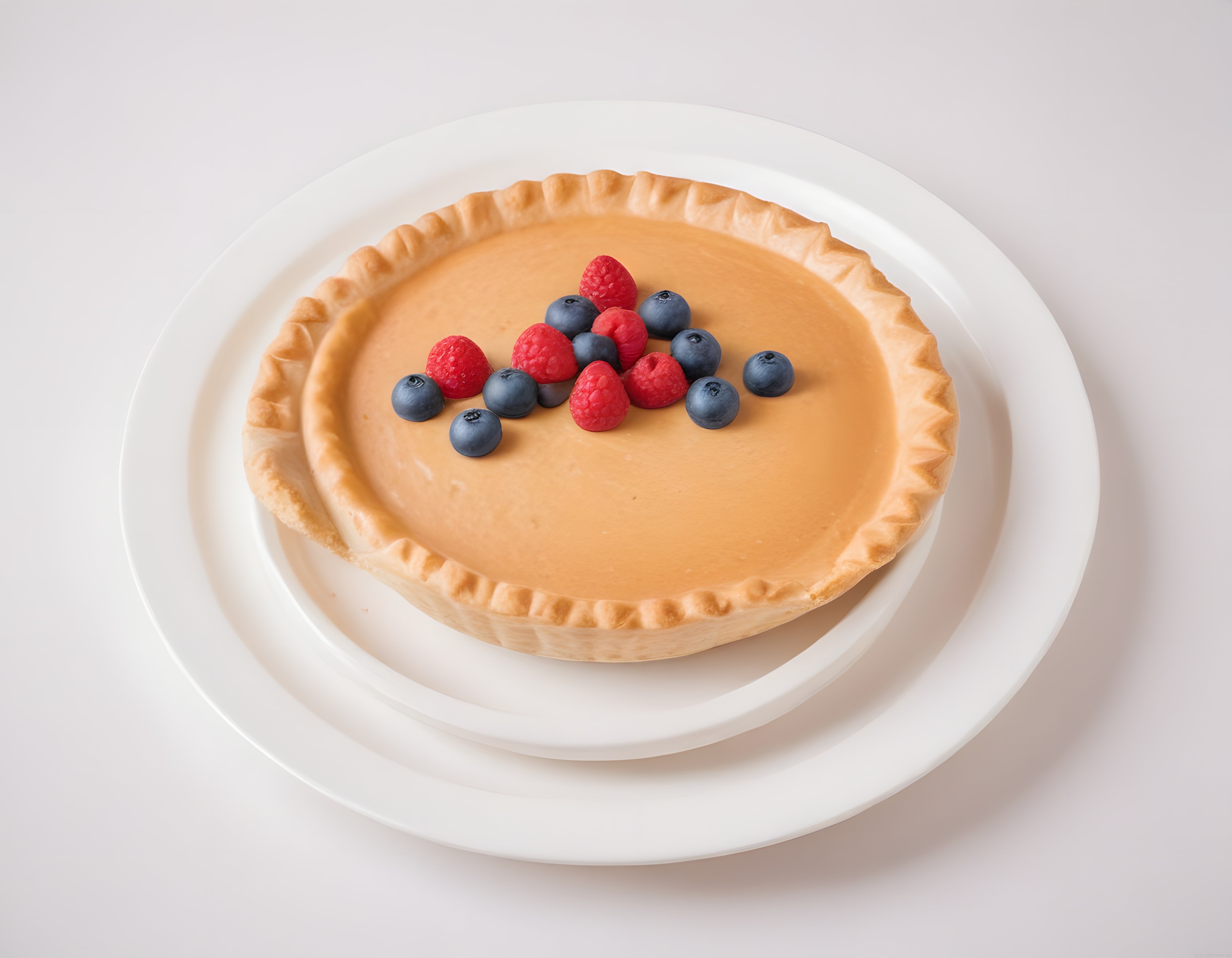 Beyaz Tabakta Yaban Mersini ve Ahududu Süslemeli Kremalı Tart