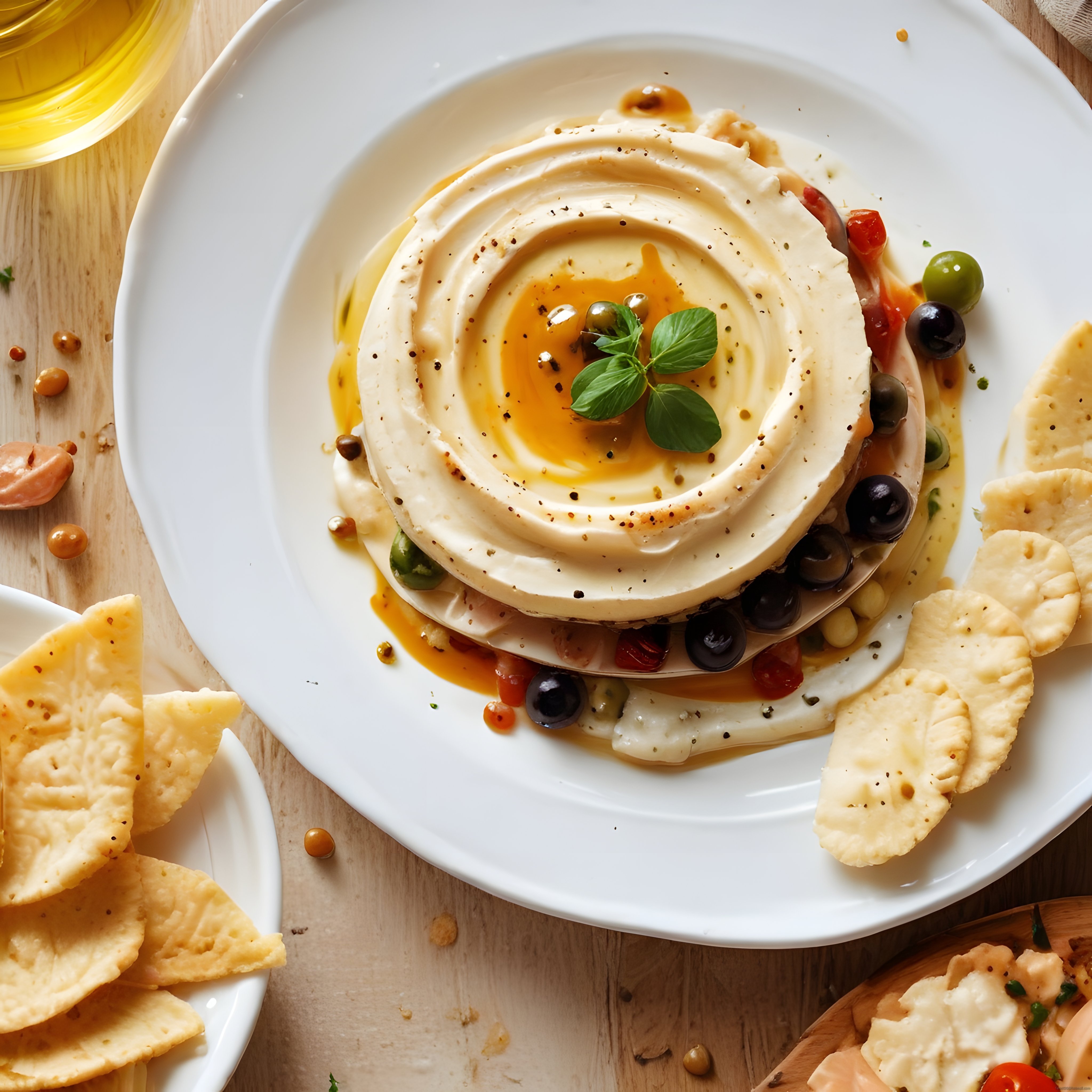 Beyaz tabakta zeytinyağı ve baharatlarla süslenmiş ev yapımı hummus sunumu