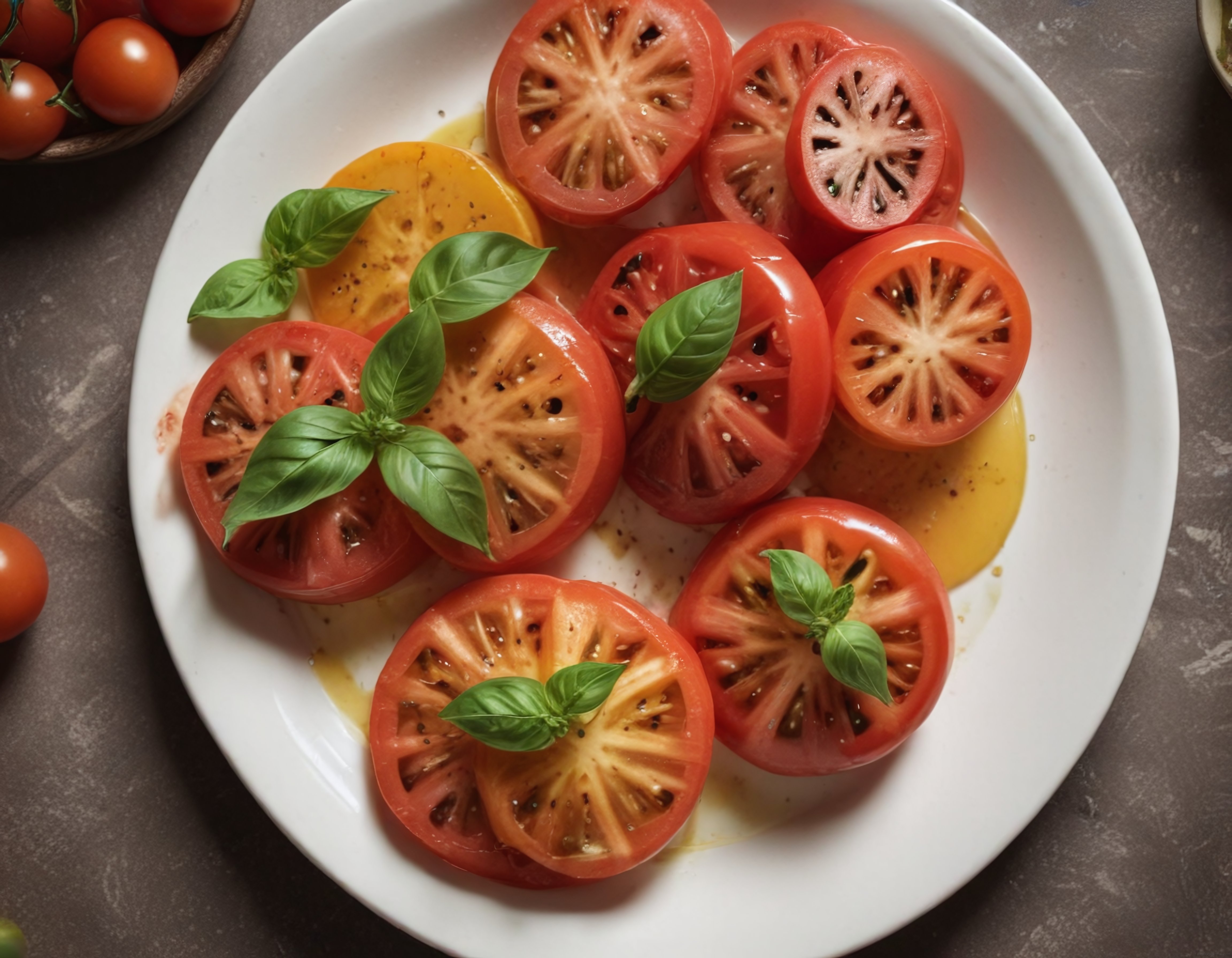 Beyaz Tabakta Zeytinyağlı Domates ve Taze Fesleğen Salatası