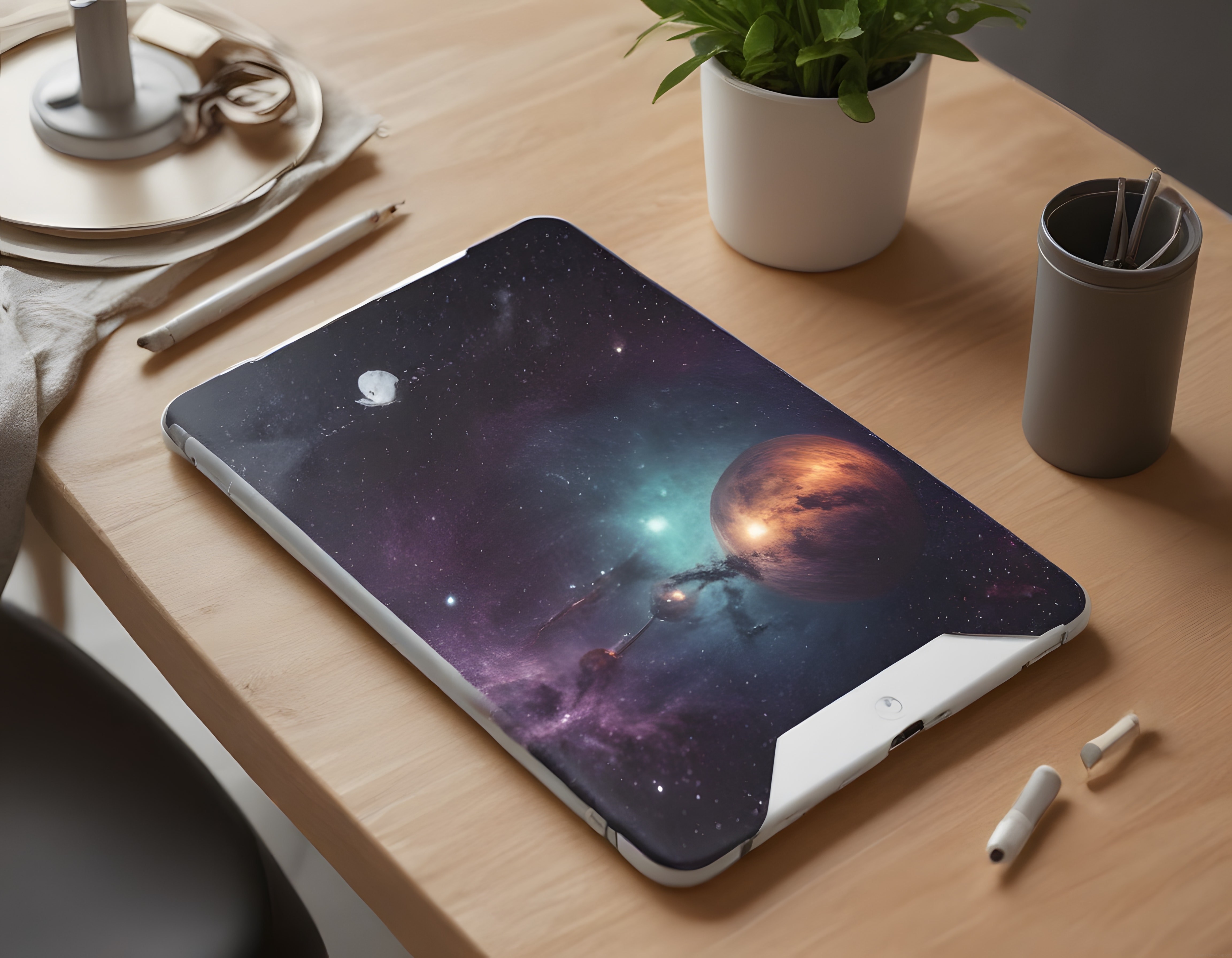 Beyaz Tablette Büyüleyici Uzay Manzarası ve Modern Çalışma Alanı