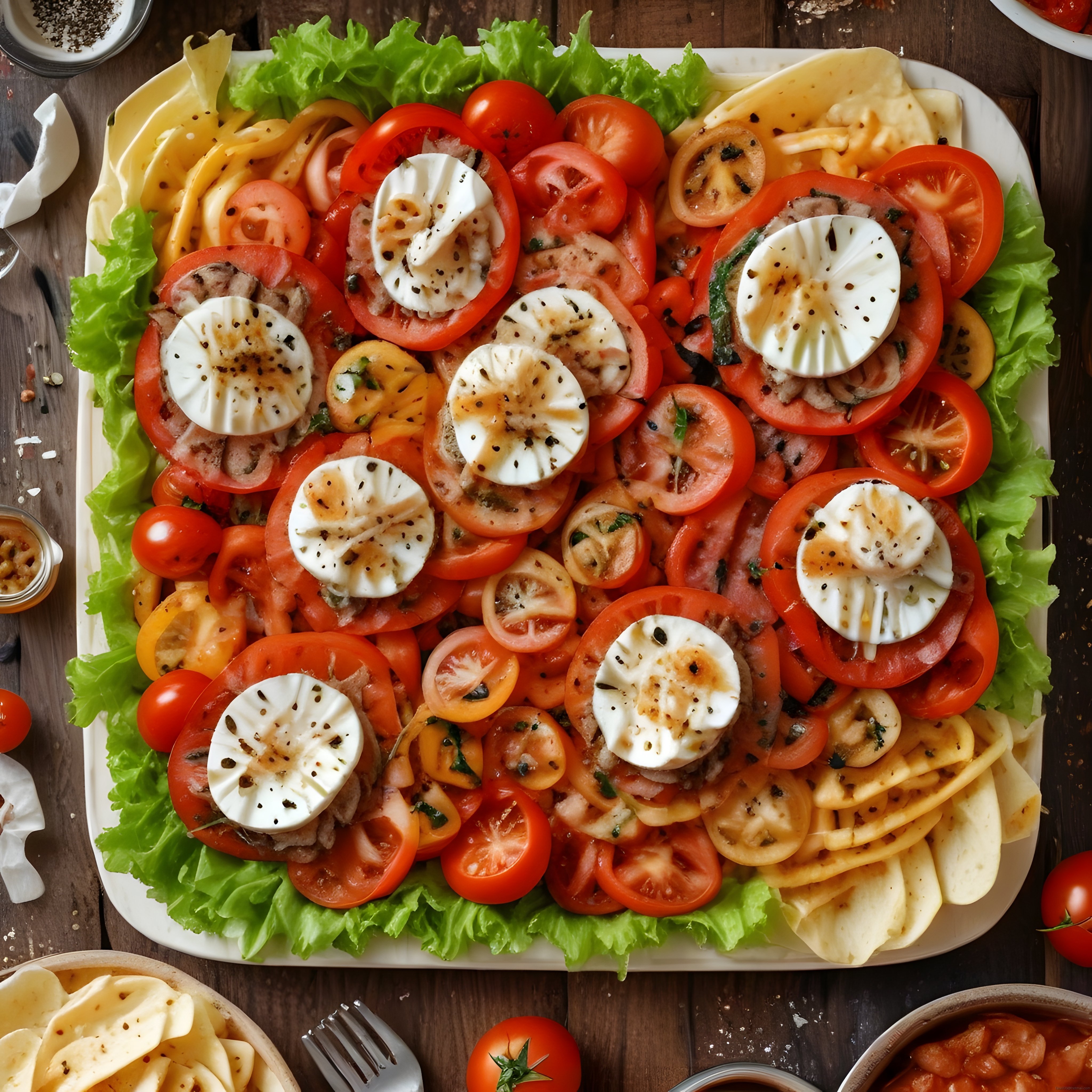 beyaz tepsi üzerinde mozzarellalı caprese salata ve taze peynir sunumu
