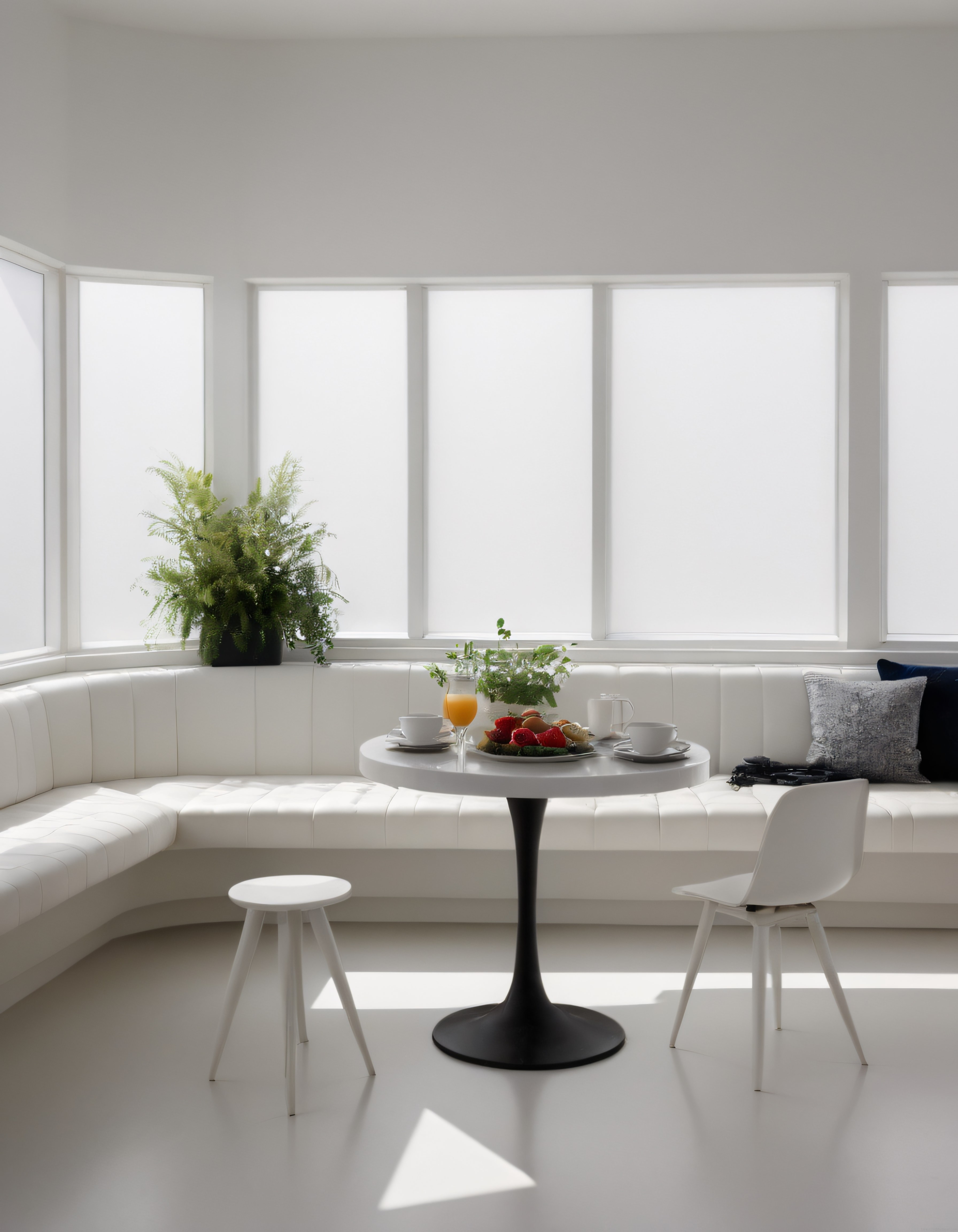 Beyaz Tonlarda Modern ve Minimalist Pencere Önü Kahvaltı Köşesi Tasarımı