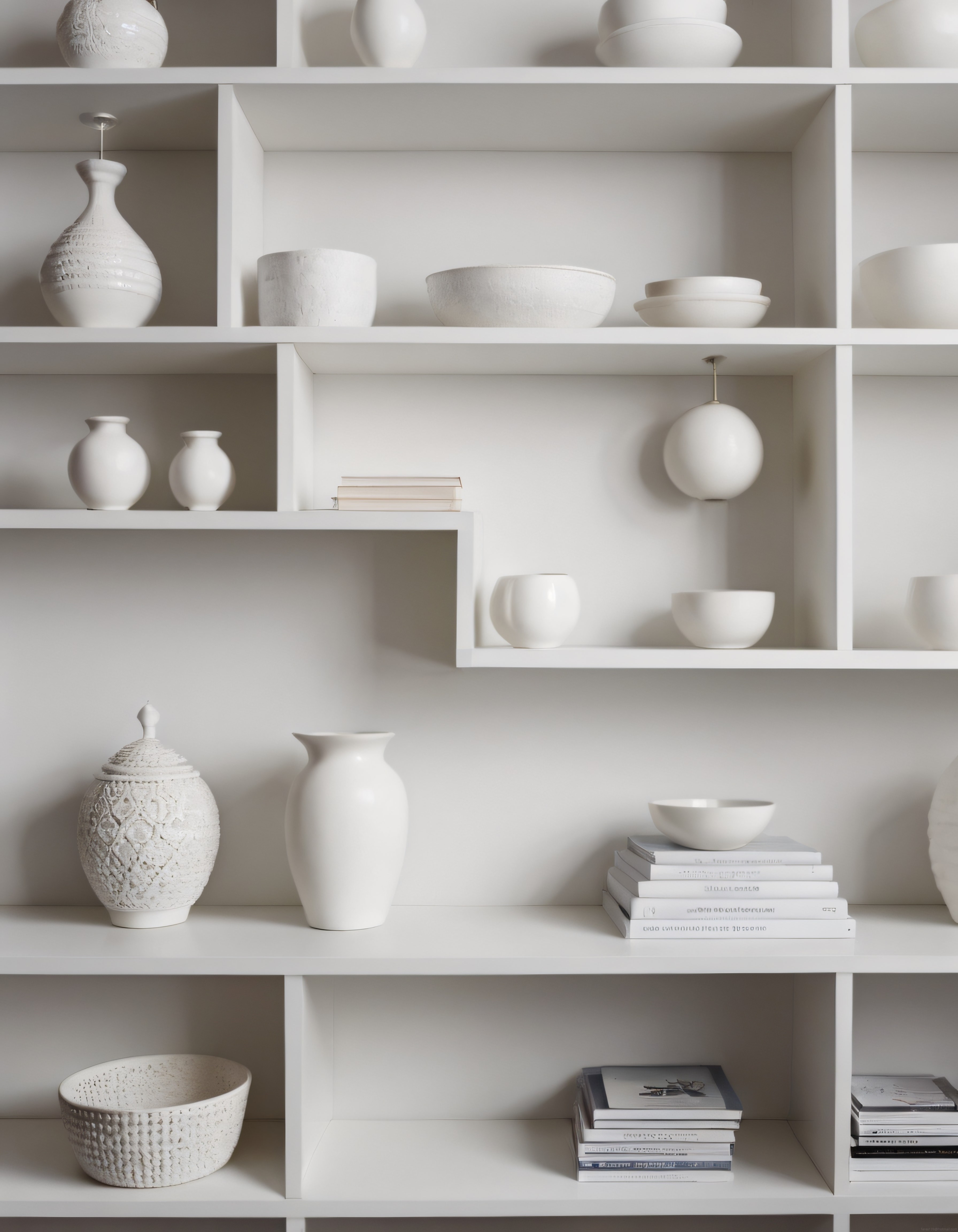 Beyaz Tonlarında Minimalist Duvar Rafı ve Seramik Vazo Dekorasyonu