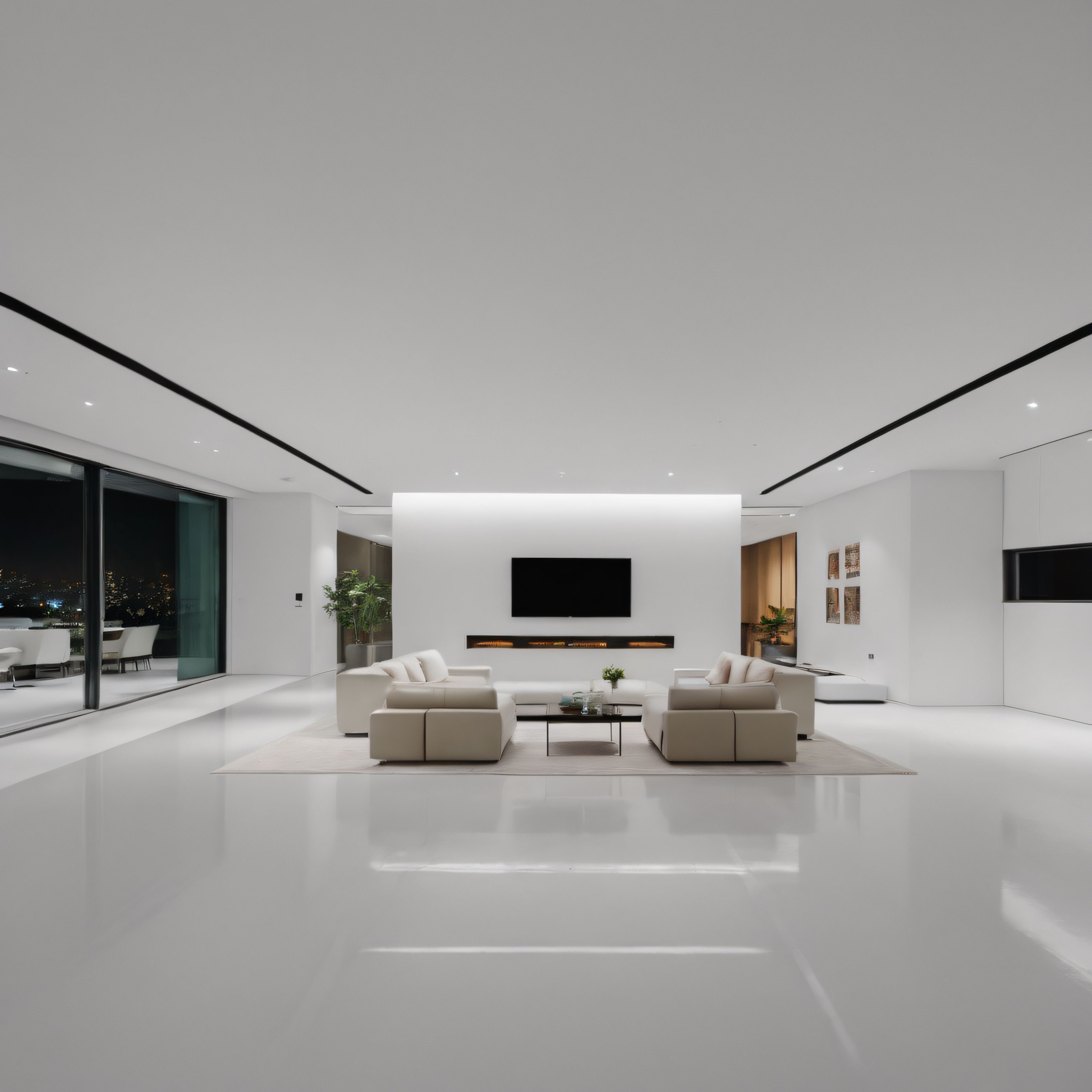 Beyaz Tonlarında Sonsuz Zarafet: Gece Manzaralı Ultra Modern ve Minimalist Salon