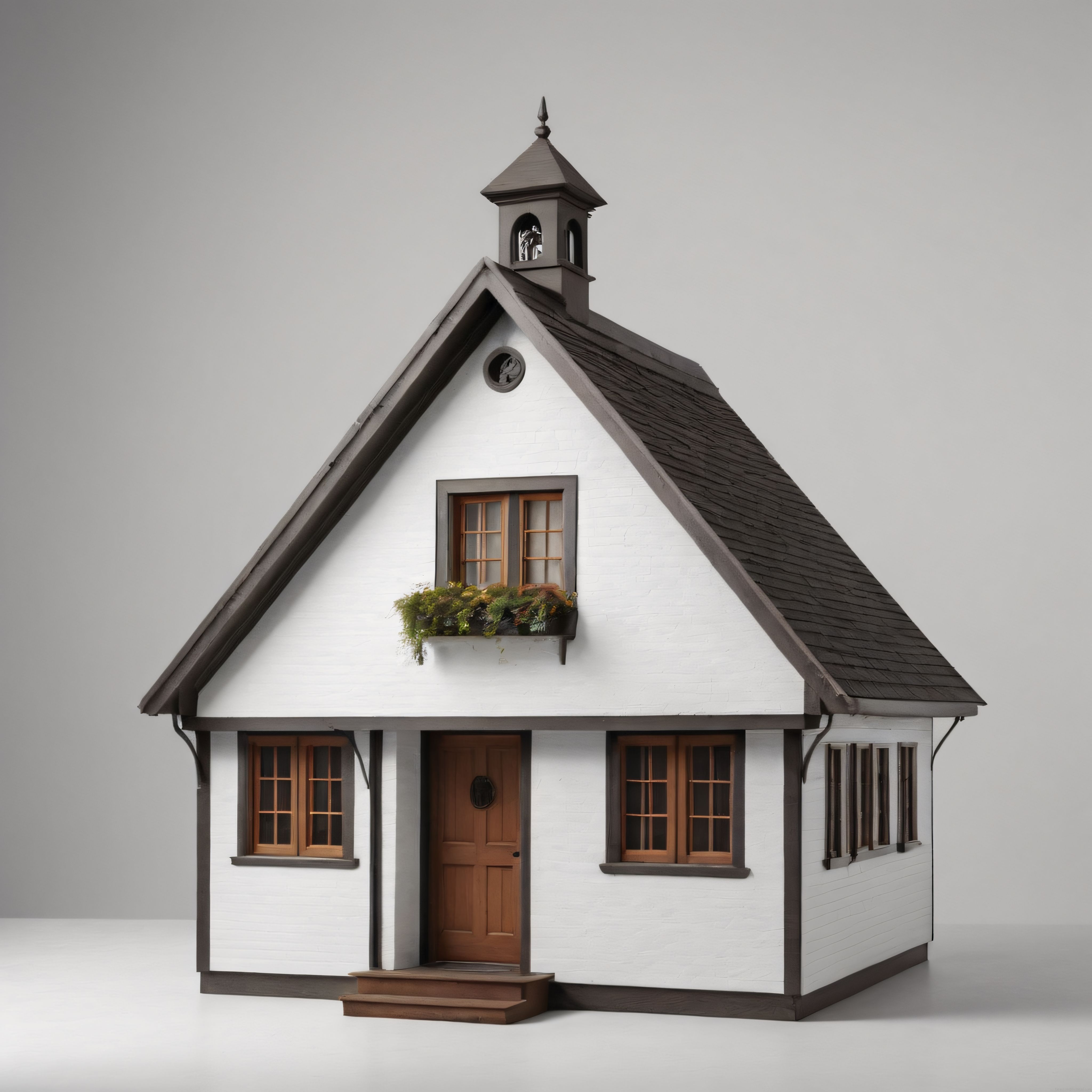 Beyaz Tuğla Cepheli ve Çiçekli Pencereli Nostaljik Minyatür Ev Modeli