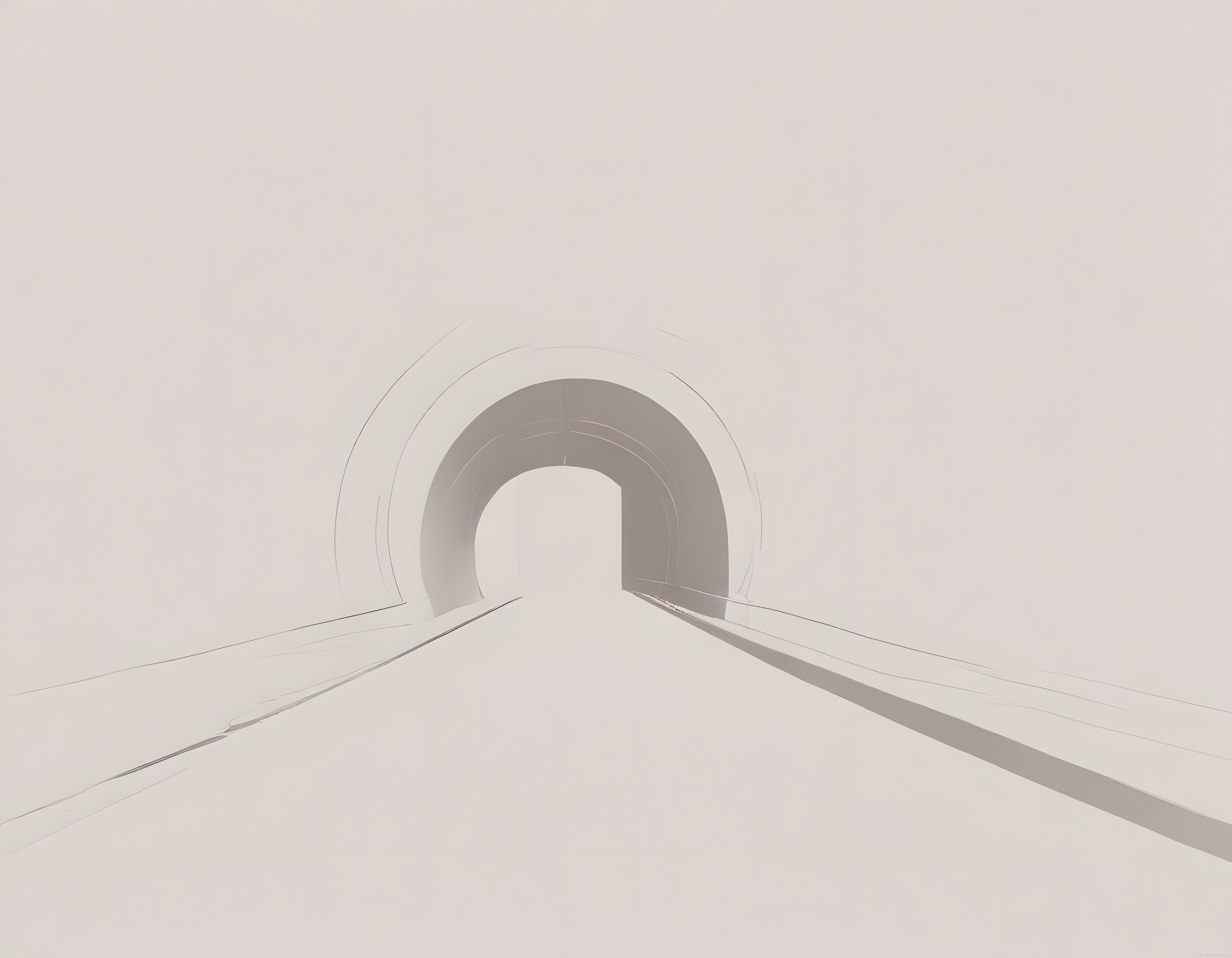 Beyaz Tünelde Geometrik Perspektif: Minimalist Mimari ve Huzurlu 3D Render Atmosferi