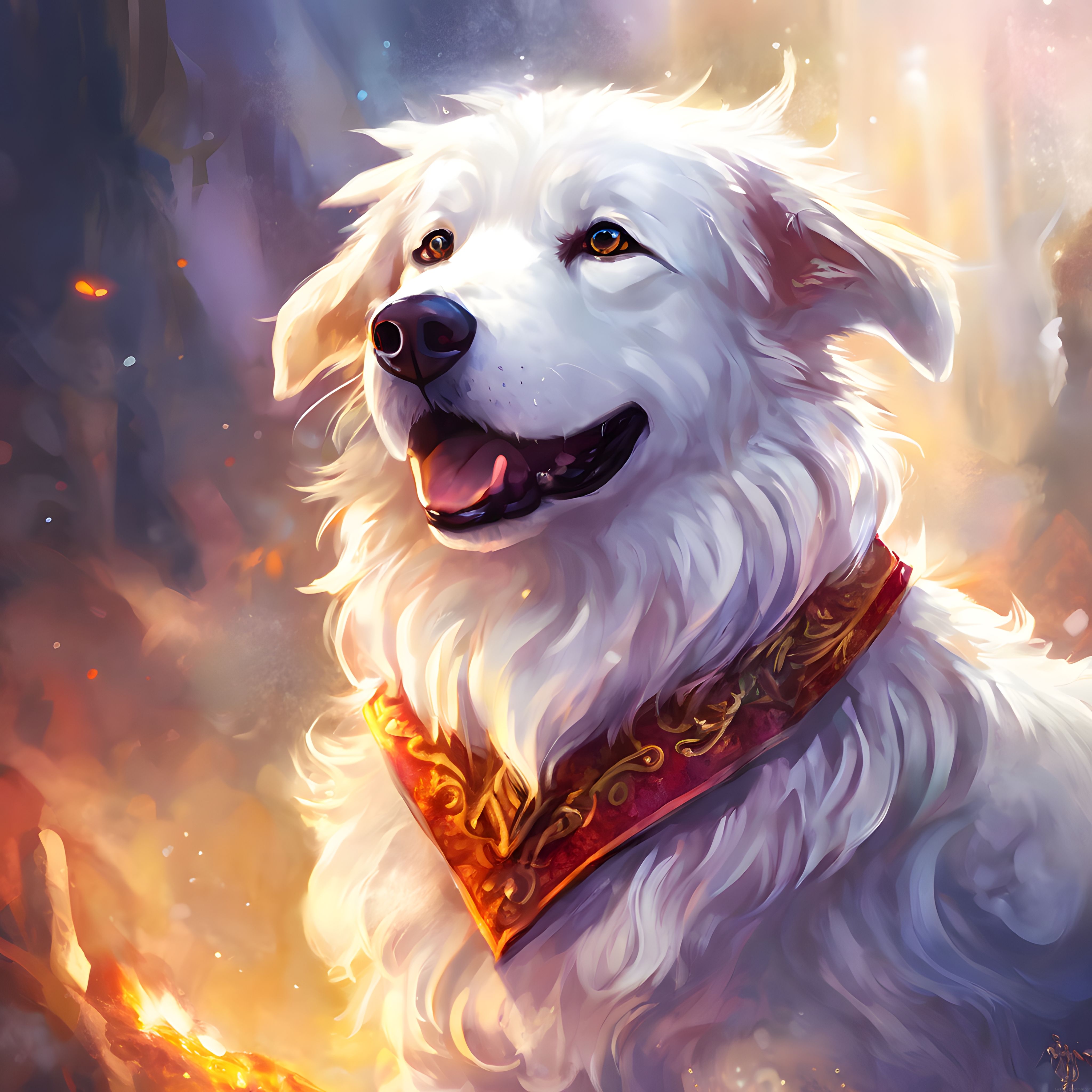 Beyaz Tüylü Köpeğin Sihirli Ormanda Fantastik Dijital Sanat Portresi
