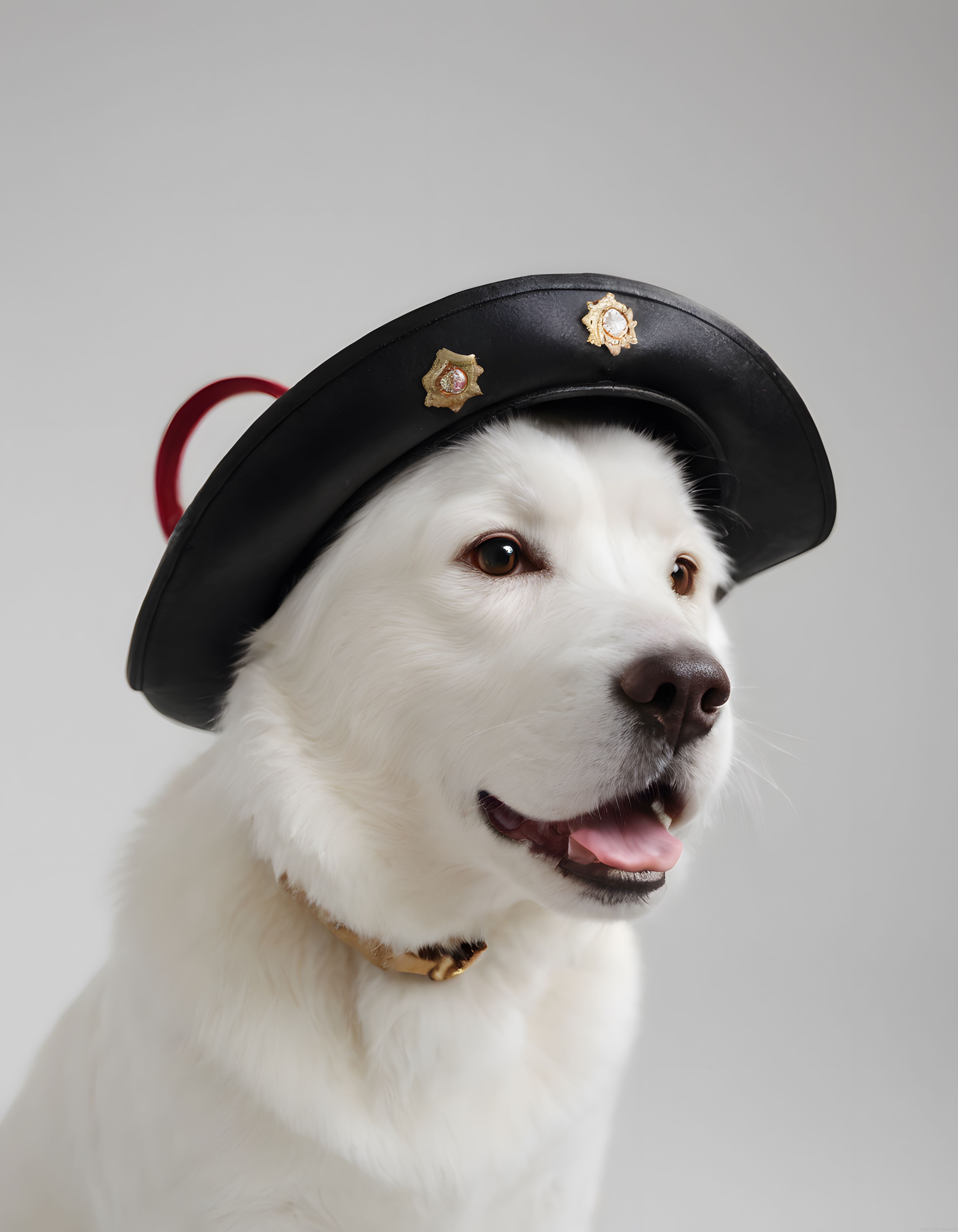 Beyaz tüylü köpek denizci şapkası ve rozetleriyle neşeyle poz veriyor