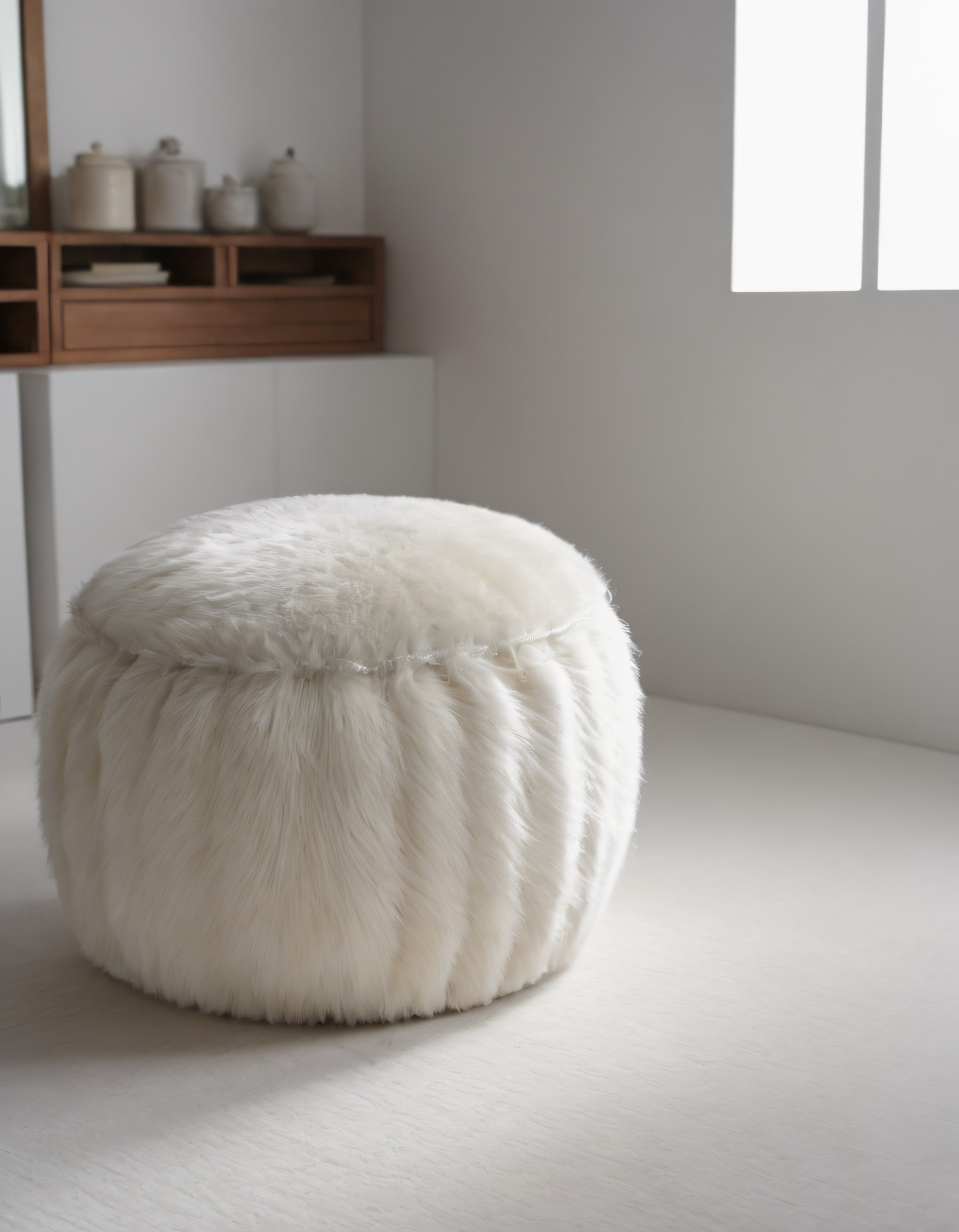 Beyaz Tüylü Puf ve Ahşap Detaylarla Harmanlanmış Modern Salon Dekorasyonu