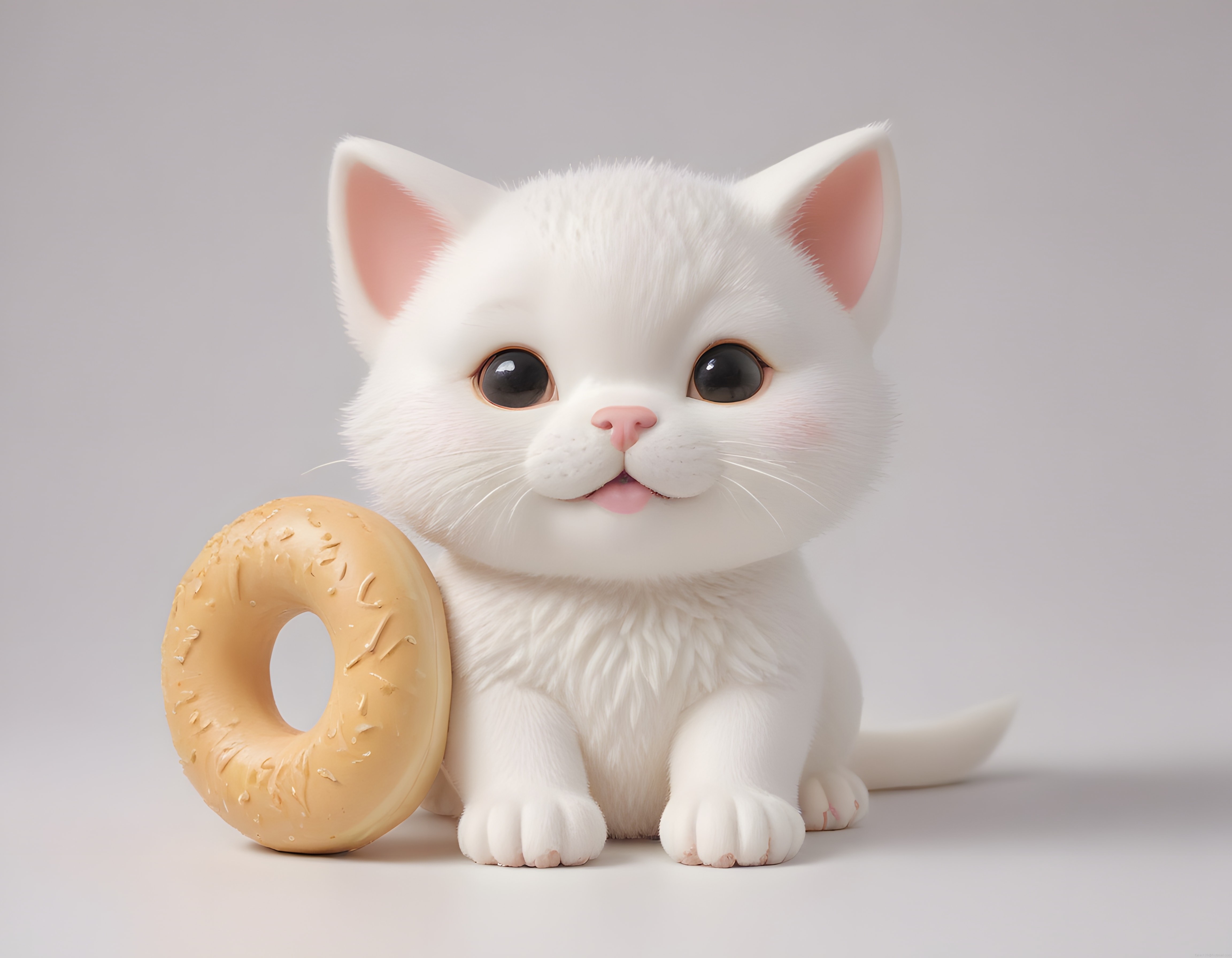 Beyaz Tüylü Sevimli Kedi Yavrusu ve Simit: 3D Animasyon Karakteri