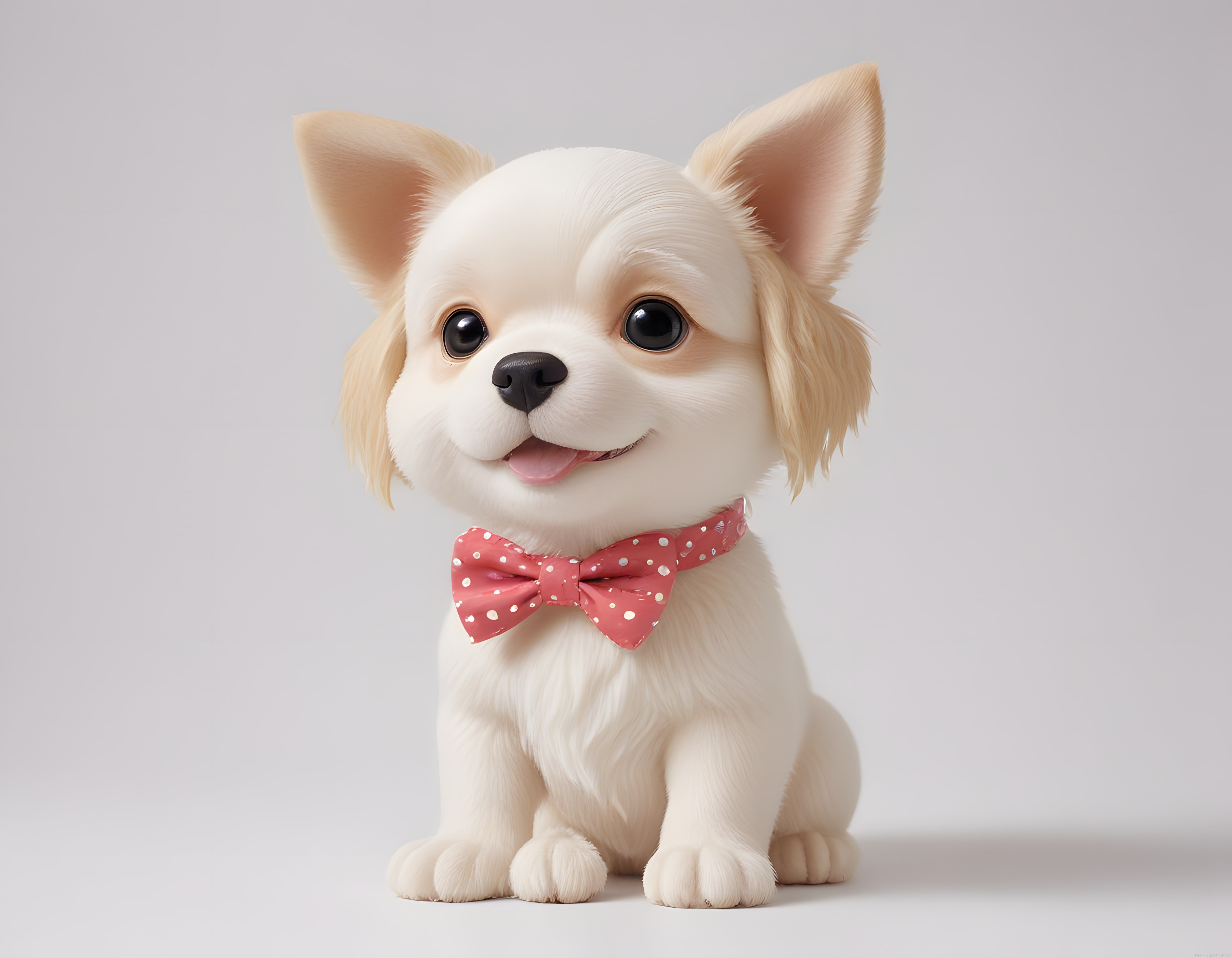 Beyaz Tüylü Sevimli Köpek Yavrusu ve Pembe Puantiyeli Papyon 3D Karakter