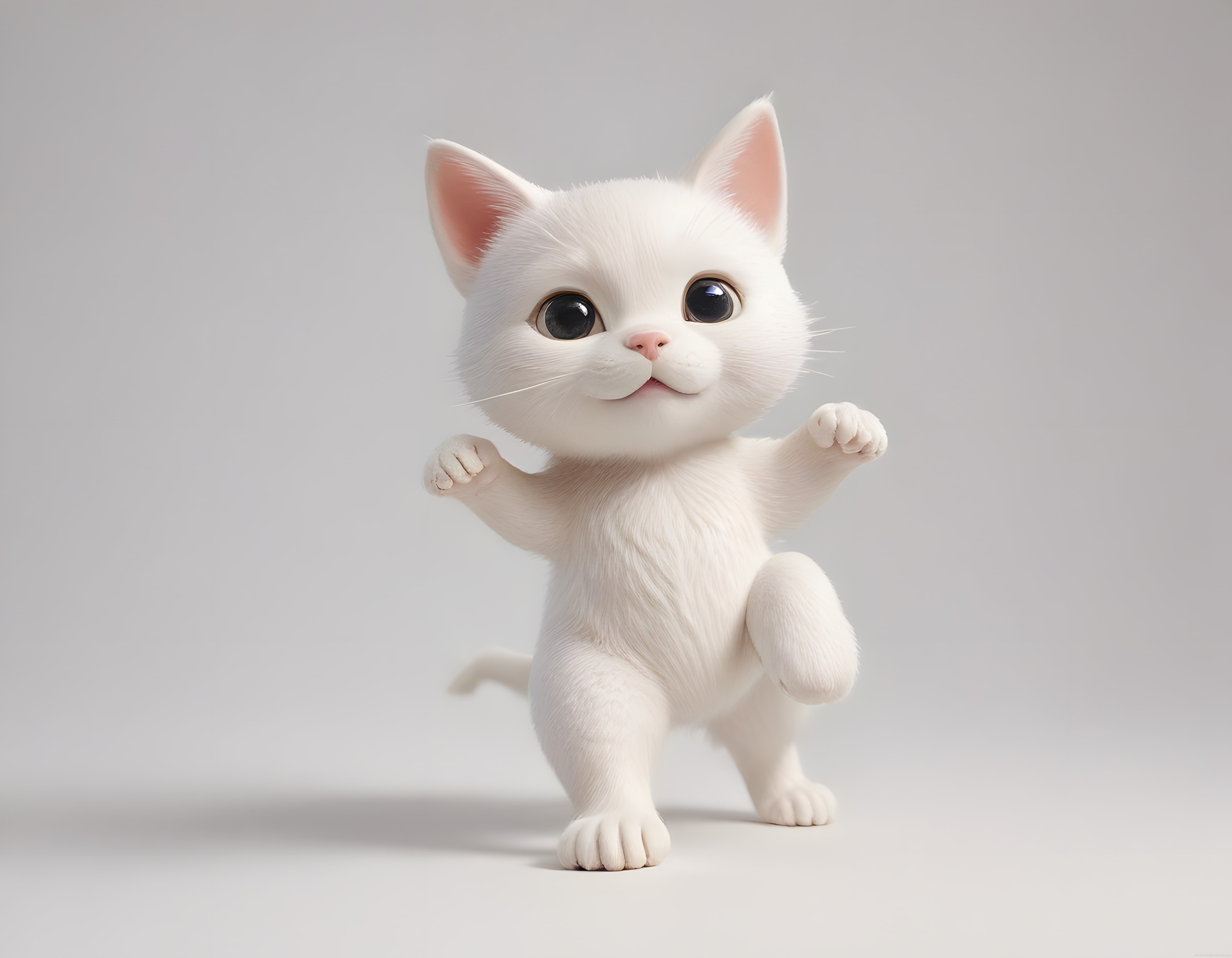 Beyaz Tüylü Sevimli Yavru Kedi Mutlu Dans Pozunda 3D Render Görsel