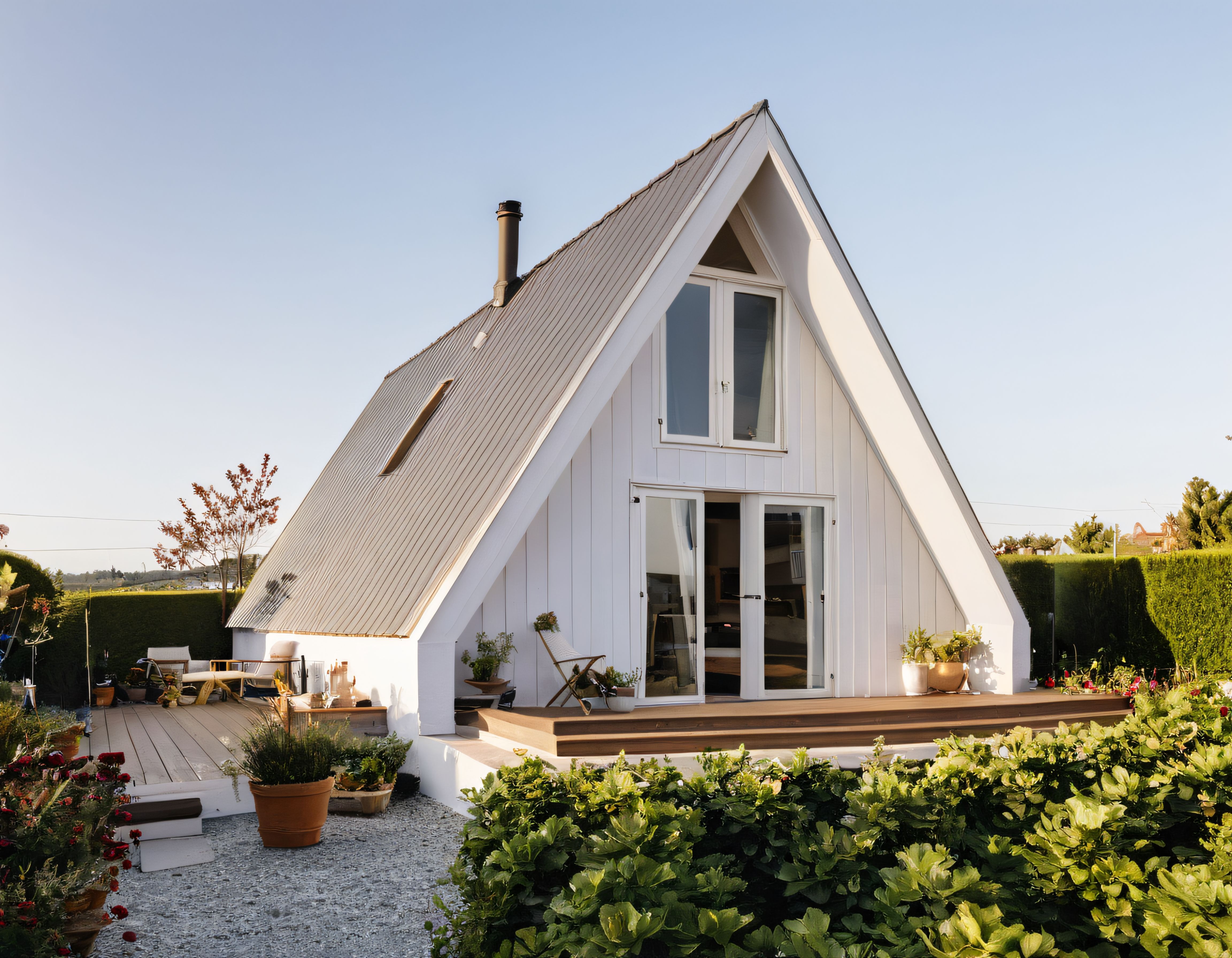 Beyaz Üçgen Çatılı Modern A-Frame Ev ve Doğayla İç İçe Bahçe Tasarımı