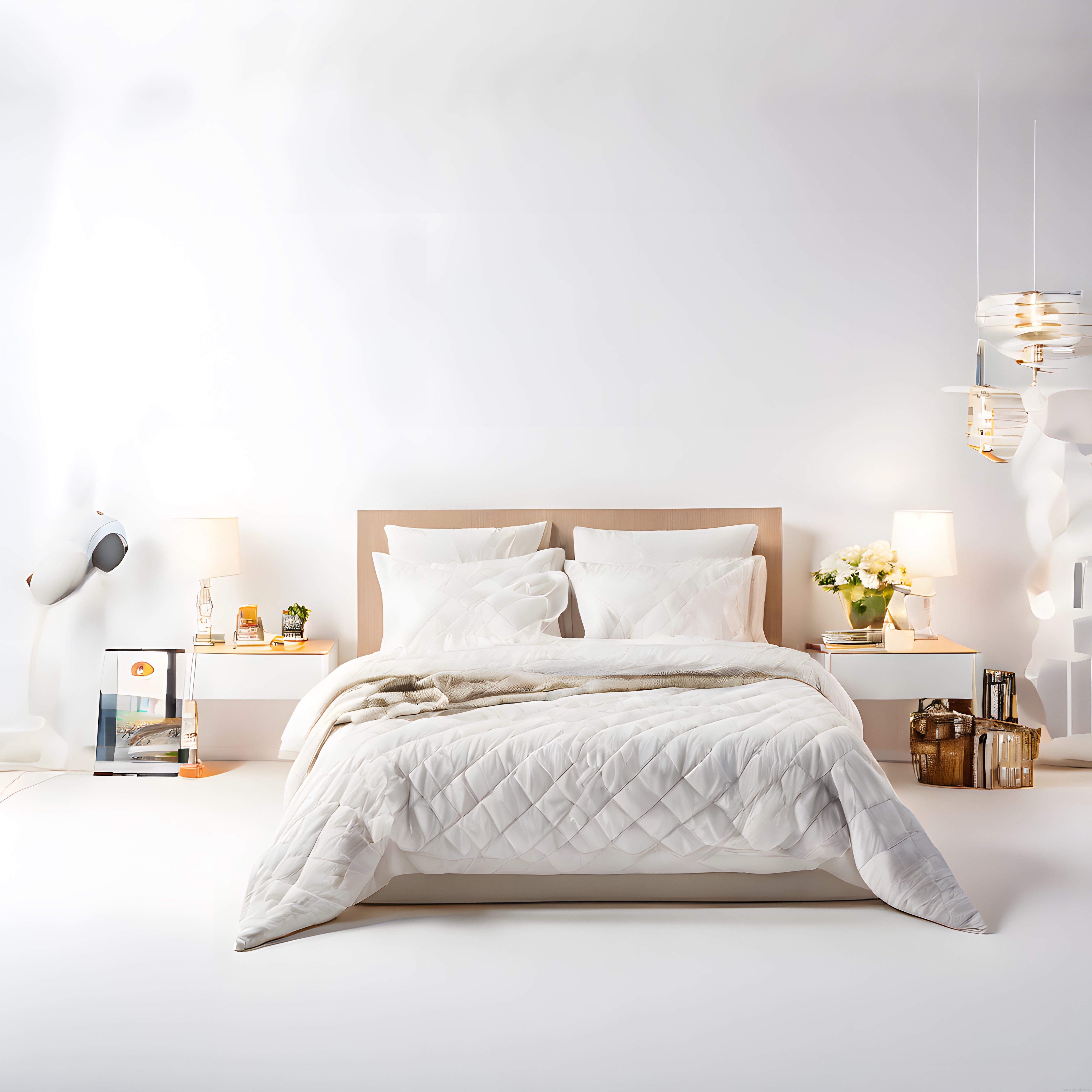 Beyaz ve Ahşap Detaylarla Modern Minimalist Yatak Odası Dekorasyonu