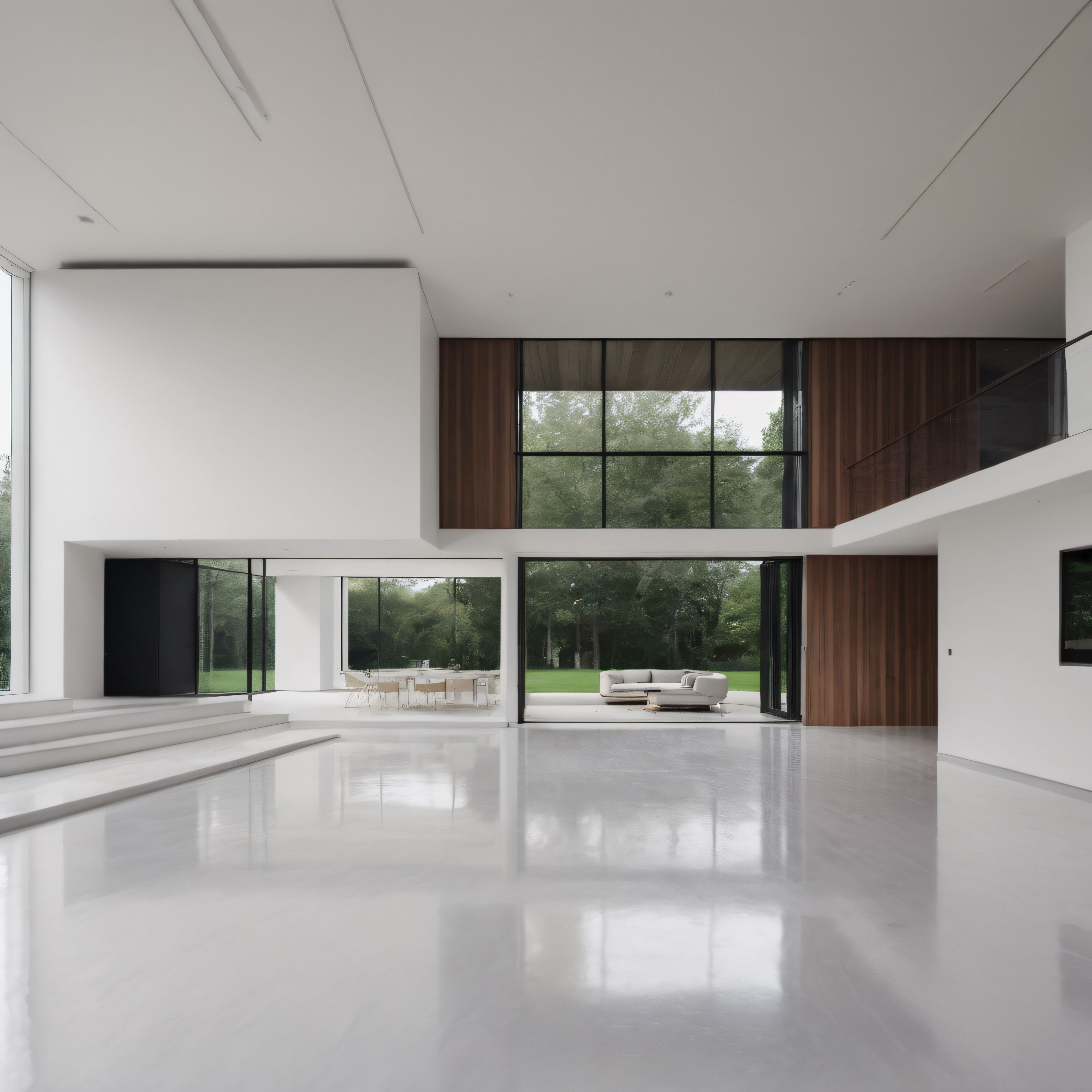 Beyaz ve Ahşap Detaylı Lüks Villa İçi, Doğa Manzaralı Geniş Salon