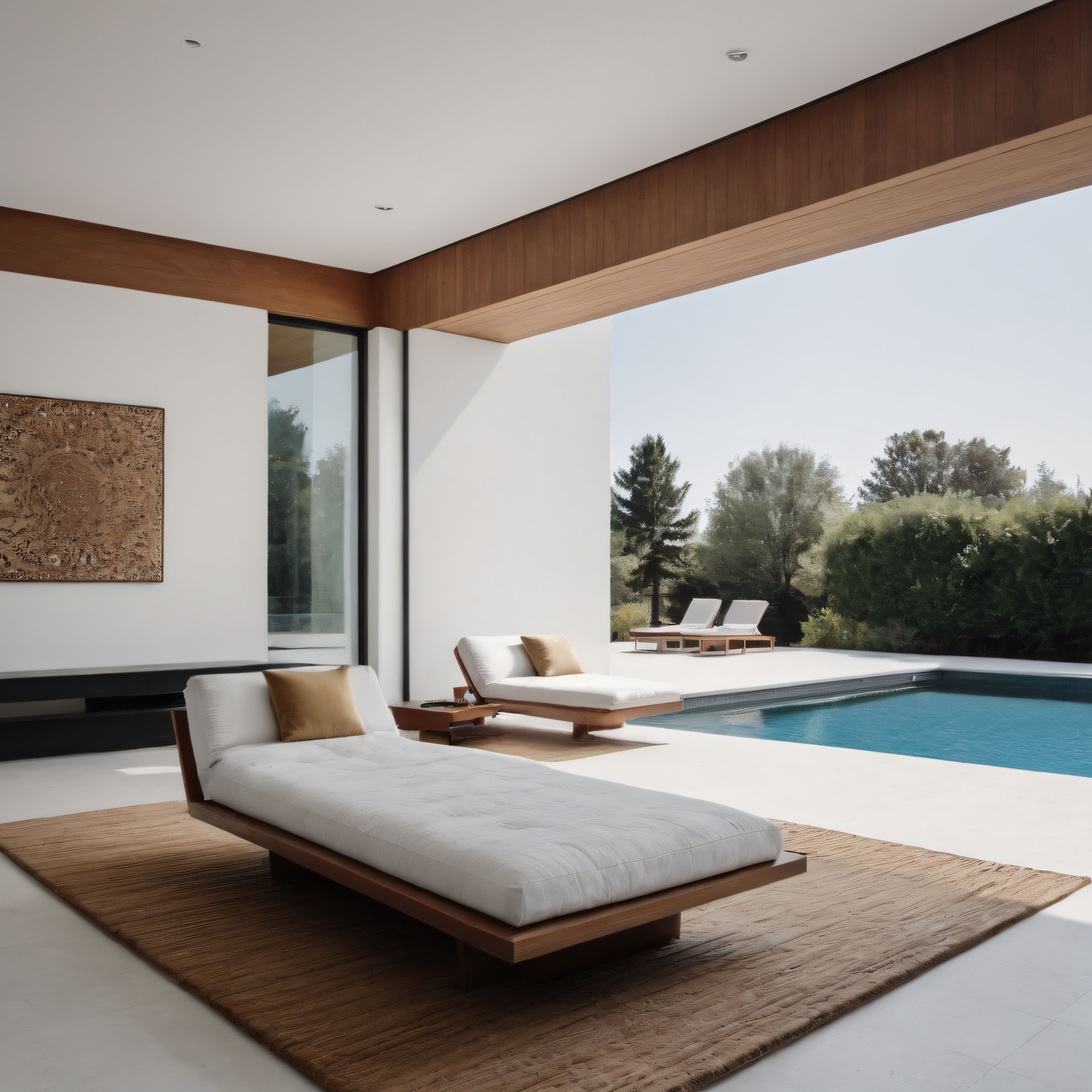 Beyaz ve Ahşap Detaylı Modern Villa Terasında Havuz Manzaralı Dinlenme Alanı