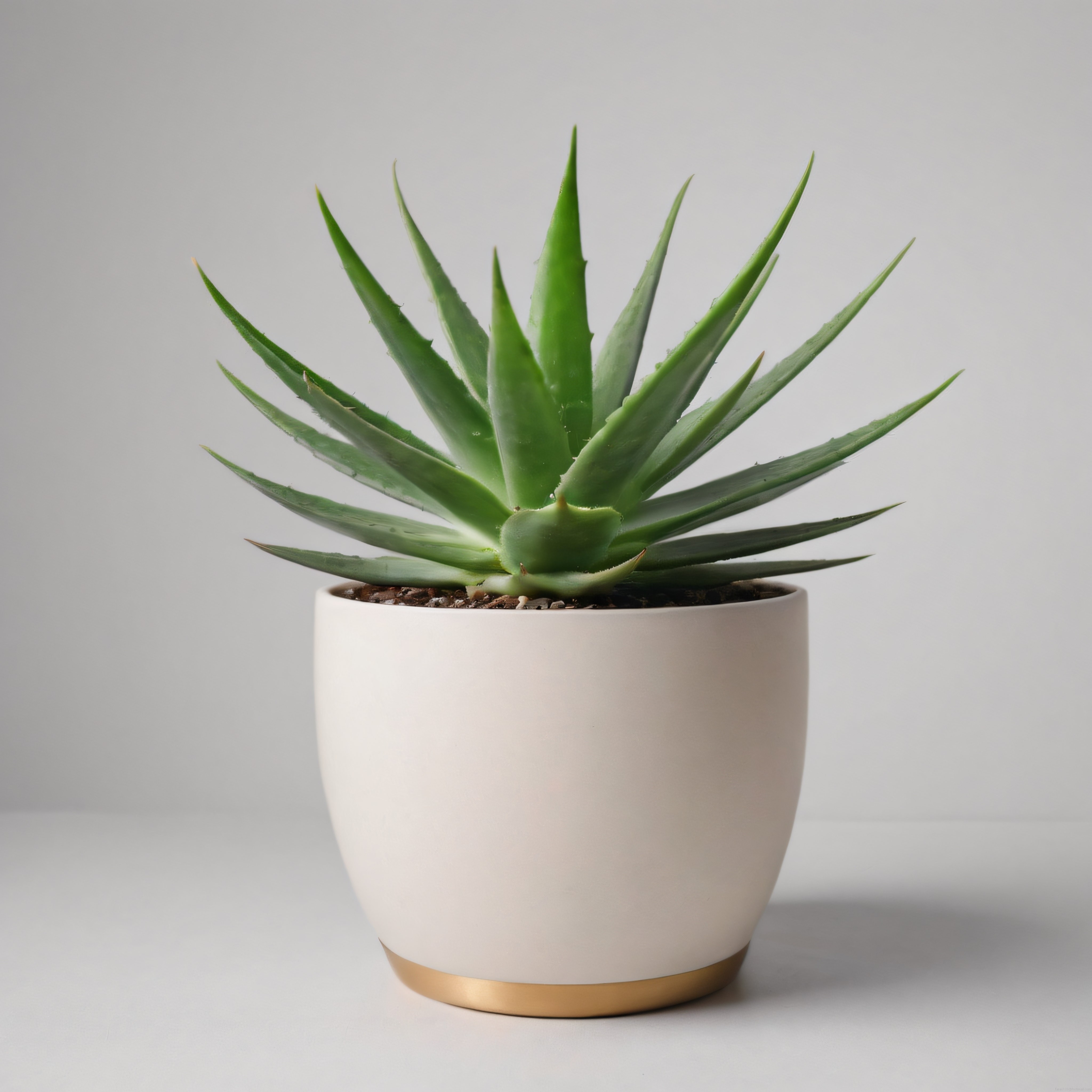 Beyaz ve Altın Detaylı Modern Saksıda Canlı Aloe Vera Bitkisi