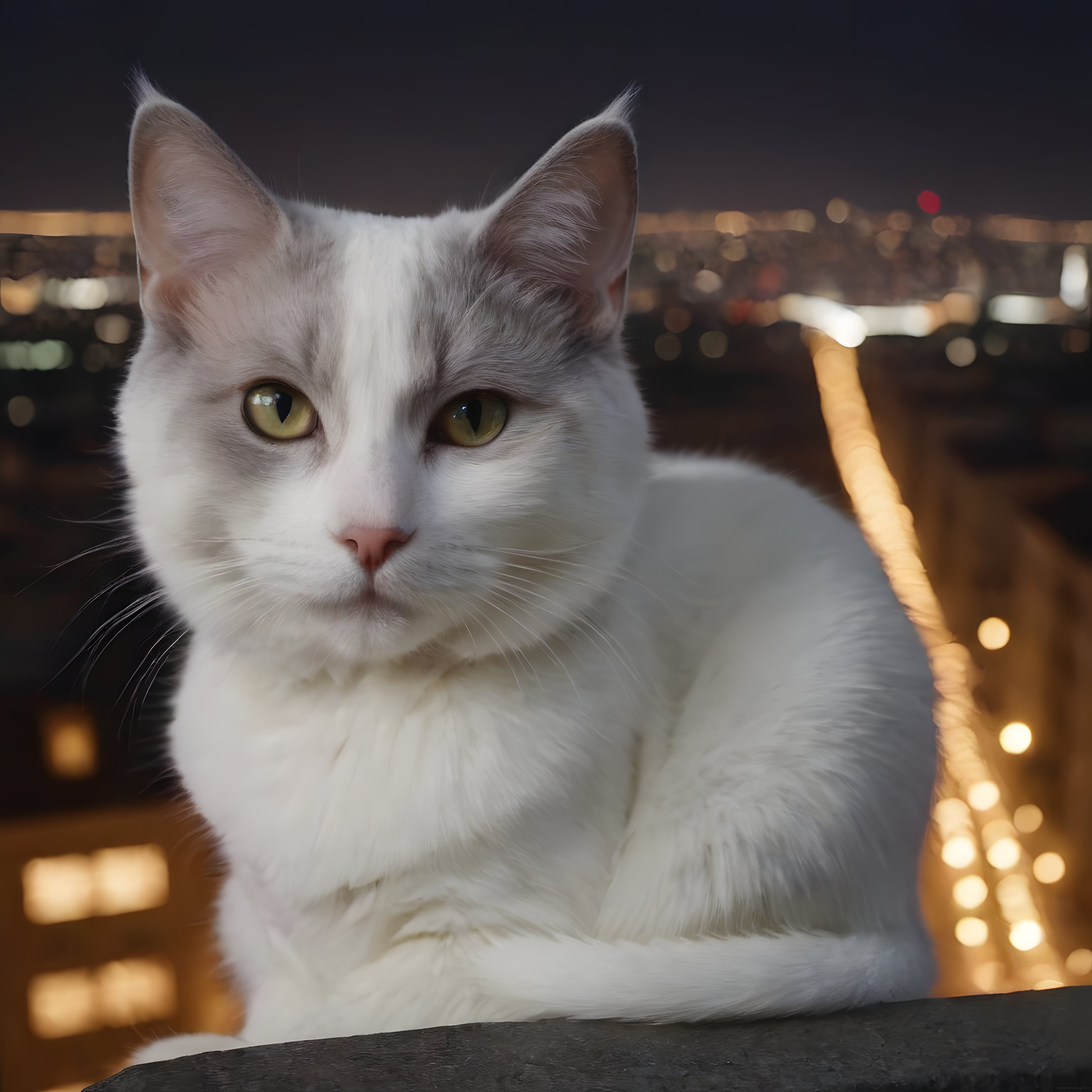 Beyaz ve Gri Tüylü Kedi Gece Işıkları Altında Sakin ve Düşünceli Bakıyor