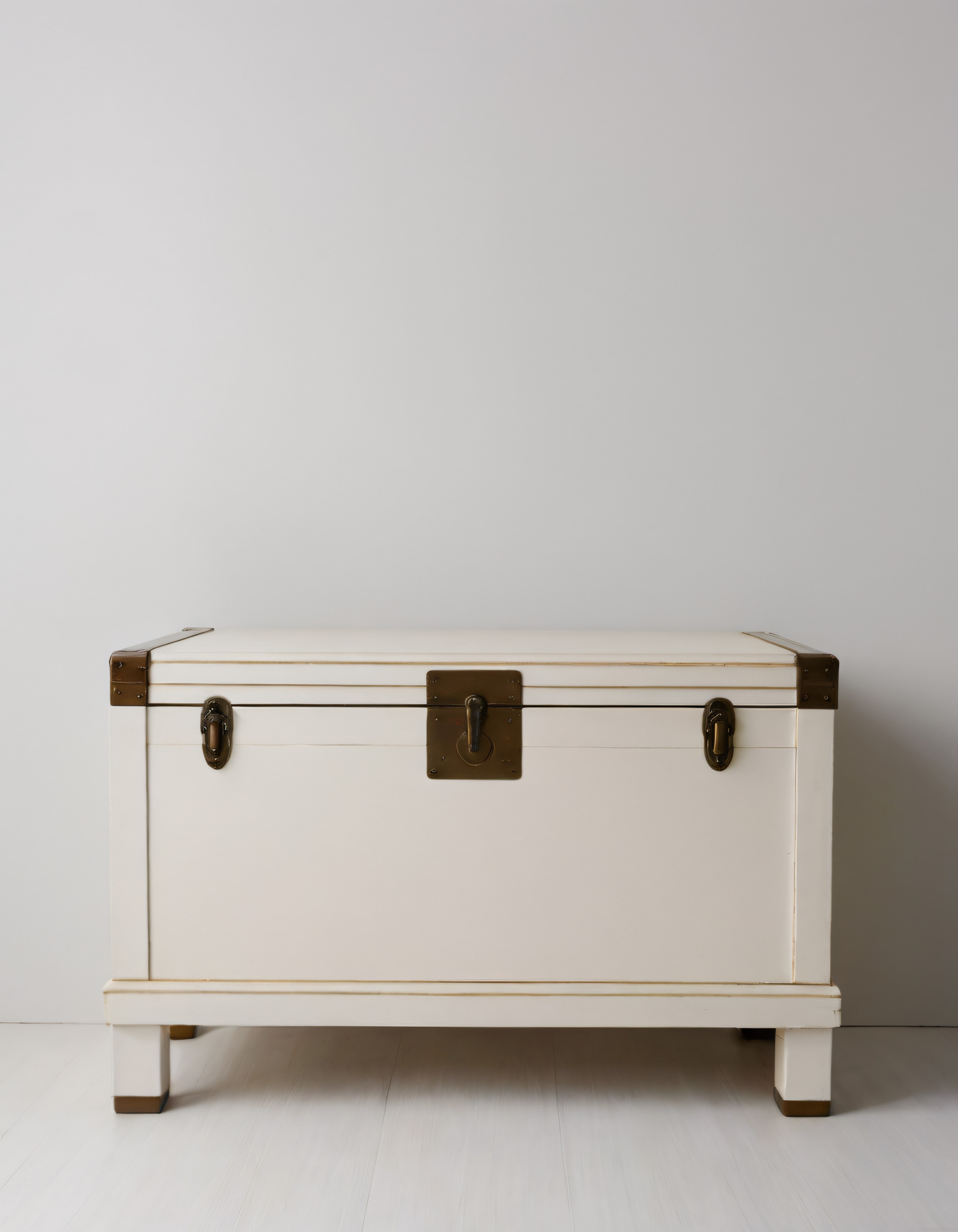 Beyaz Vintage Sandık ve Pirinç Detaylarla Minimalist Dekorasyon