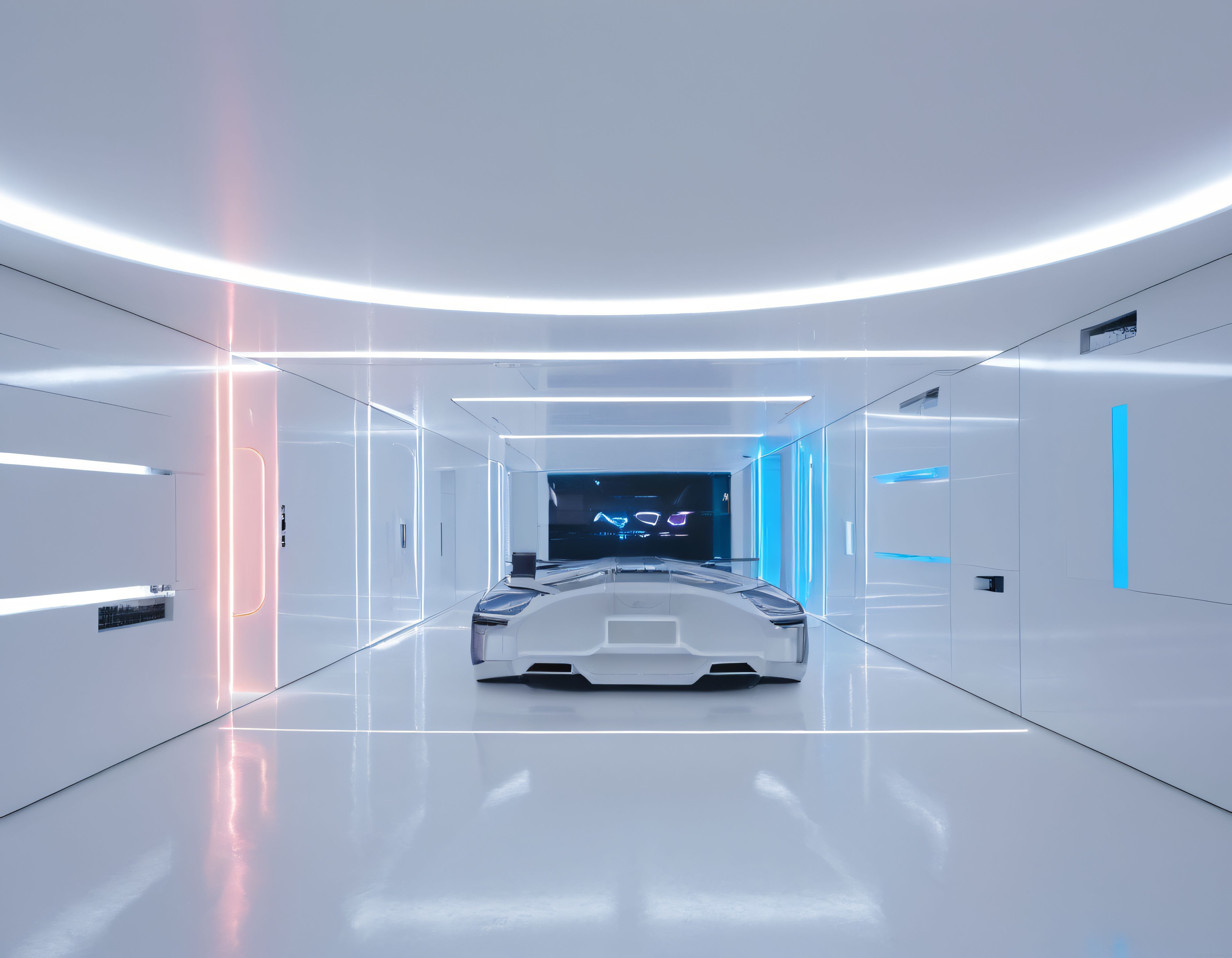 Beyaz Yüksek Teknoloji Showroomunda Konsept Otomobil ve Neon Aydınlatma