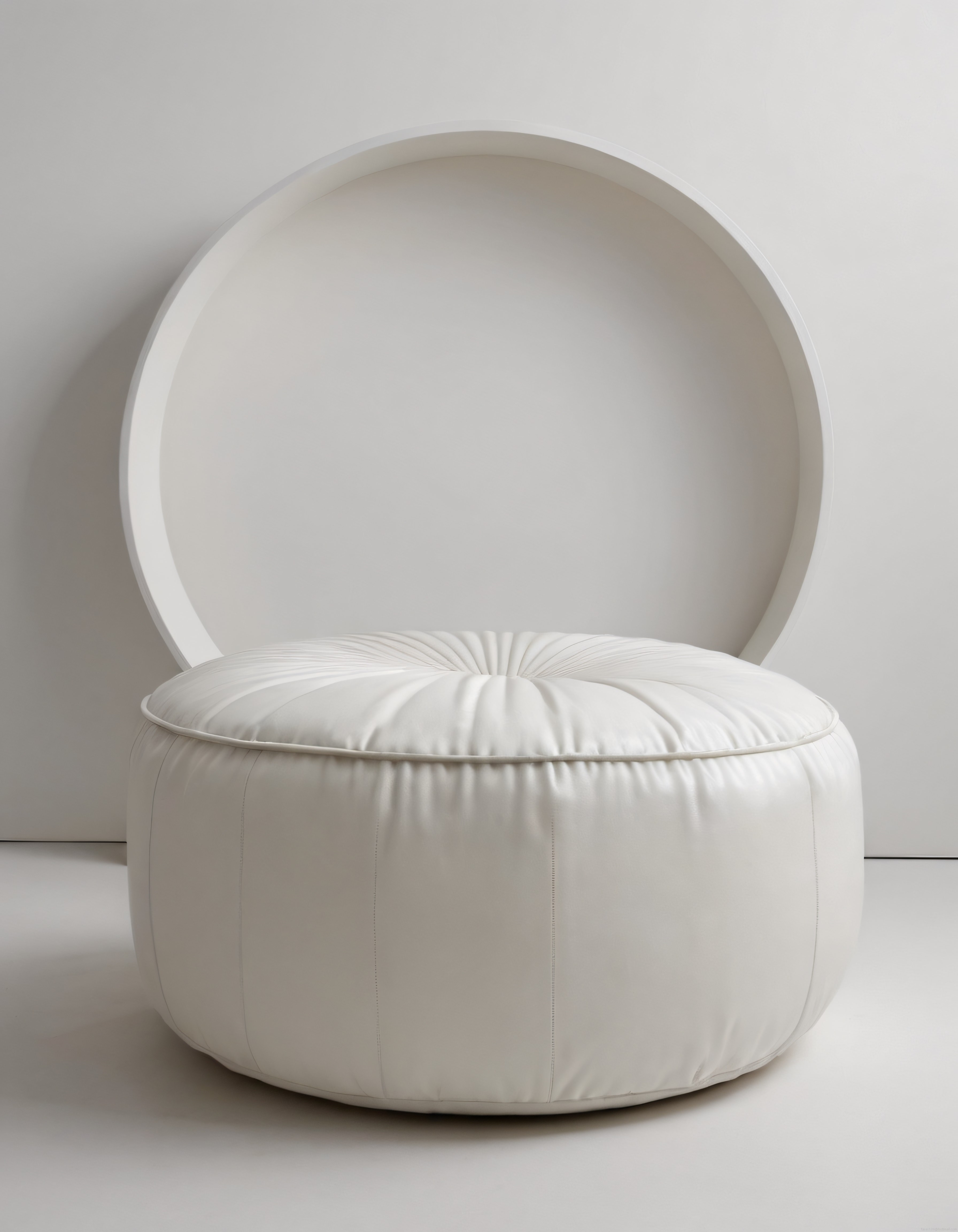 Beyaz Yuvarlak Puf ve Minimalist Dairesel Duvar Nişi ile Modern İç Mekan