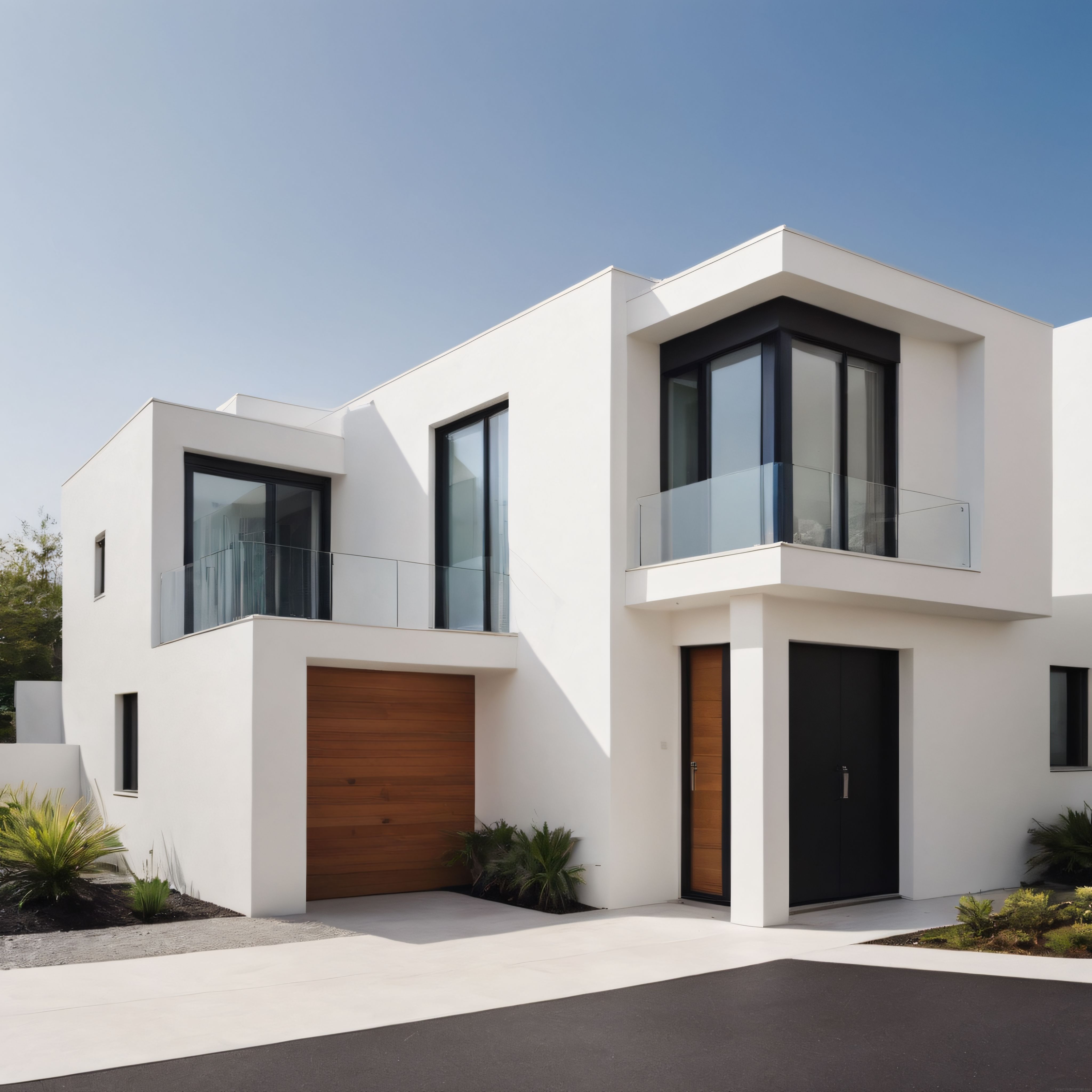 Beyaz yüzeyli modern villa ahşap giriş kapısı ve cam balkonlarla şık tasarım