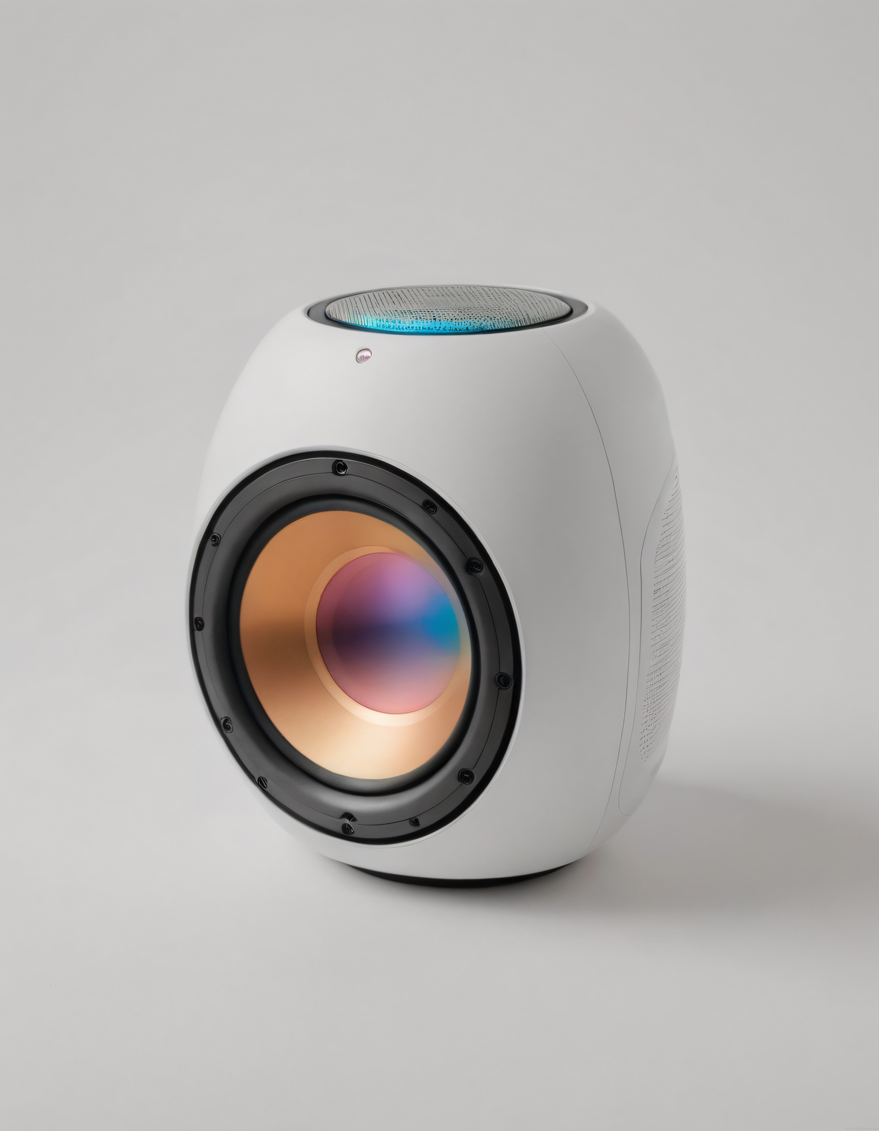 Beyaz Zarif Akıllı Hoparlör: RGB Aydınlatmalı Subwoofer ve Güçlü Bas Sistemi