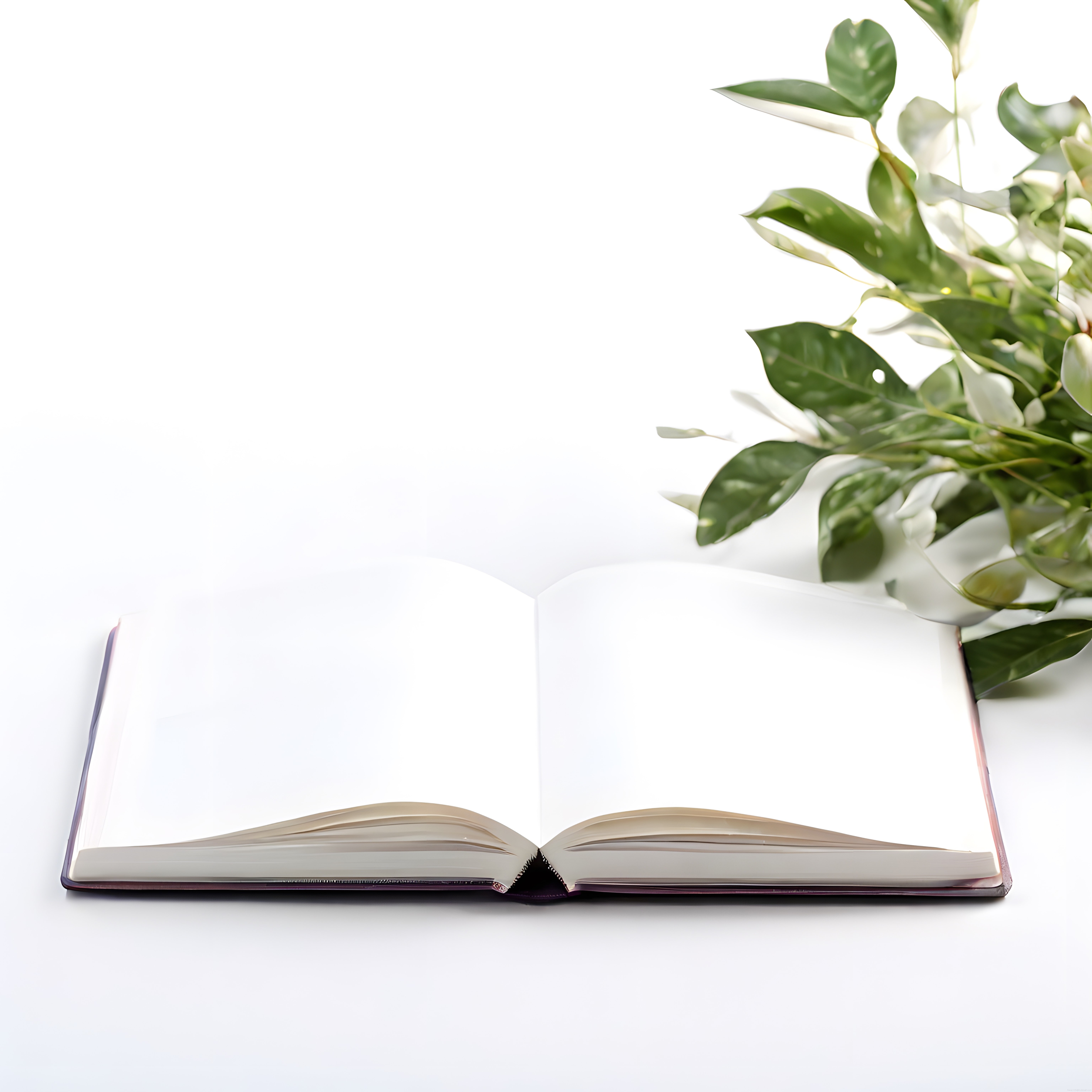 Beyaz Zemin Üzerinde Açık Kitap ve Yeşil Yapraklı Bitki ile Huzurlu Komposizyon