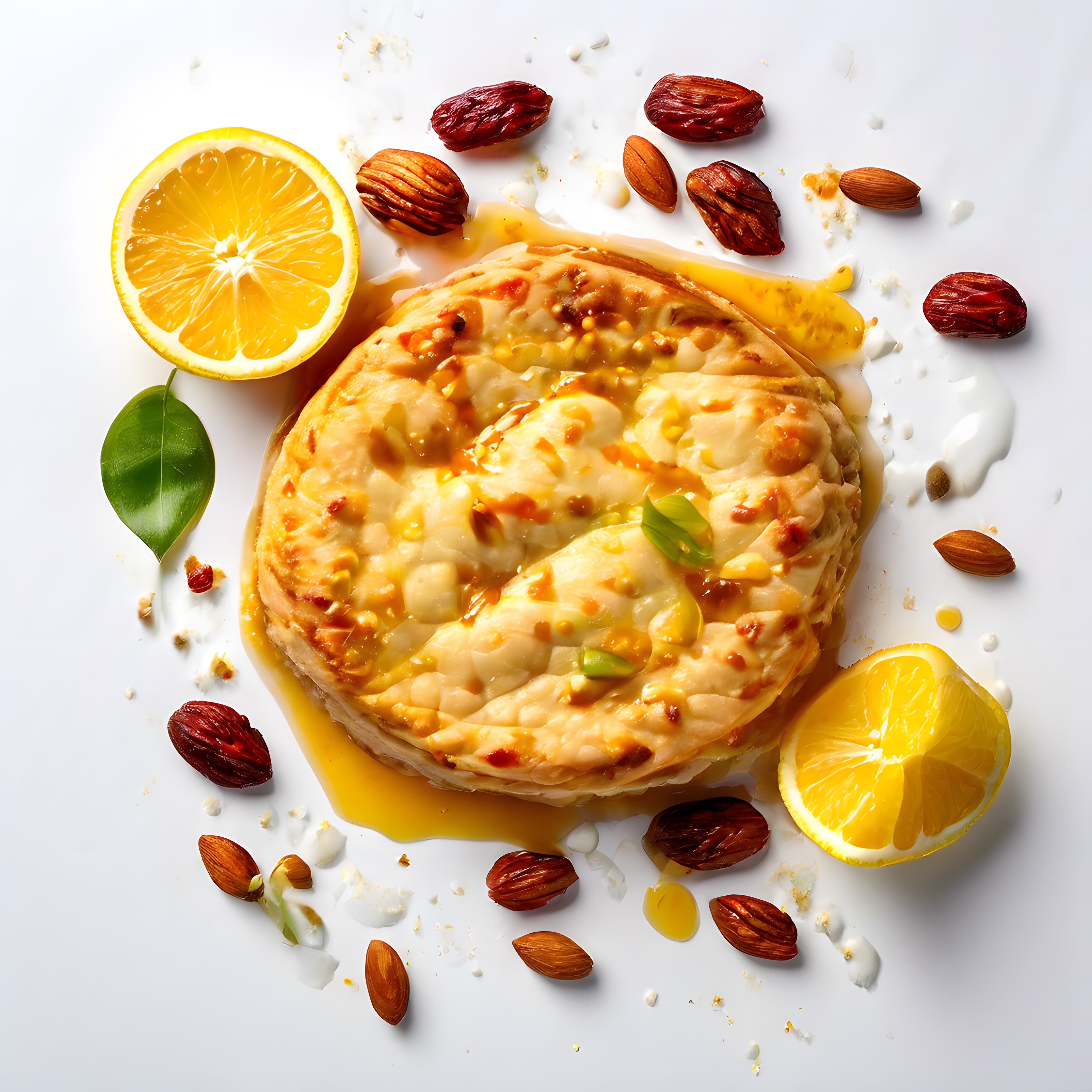 Beyaz zemin üzerinde badem fıstık ve limon şerbetli özel baklava