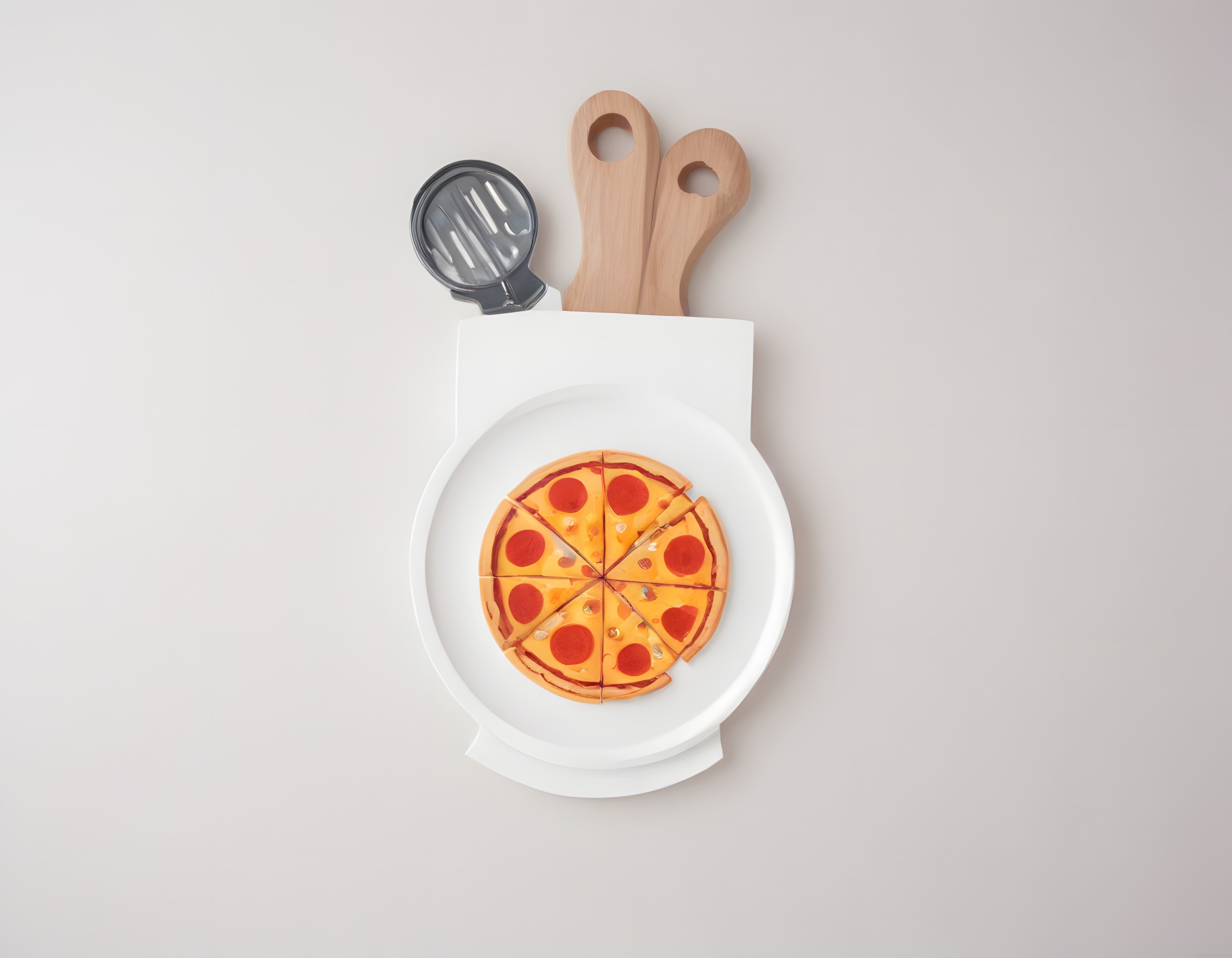 Beyaz Zemin Üzerinde Dilimlenmiş Pepperoni Pizza ve Mutfak Gereçleri