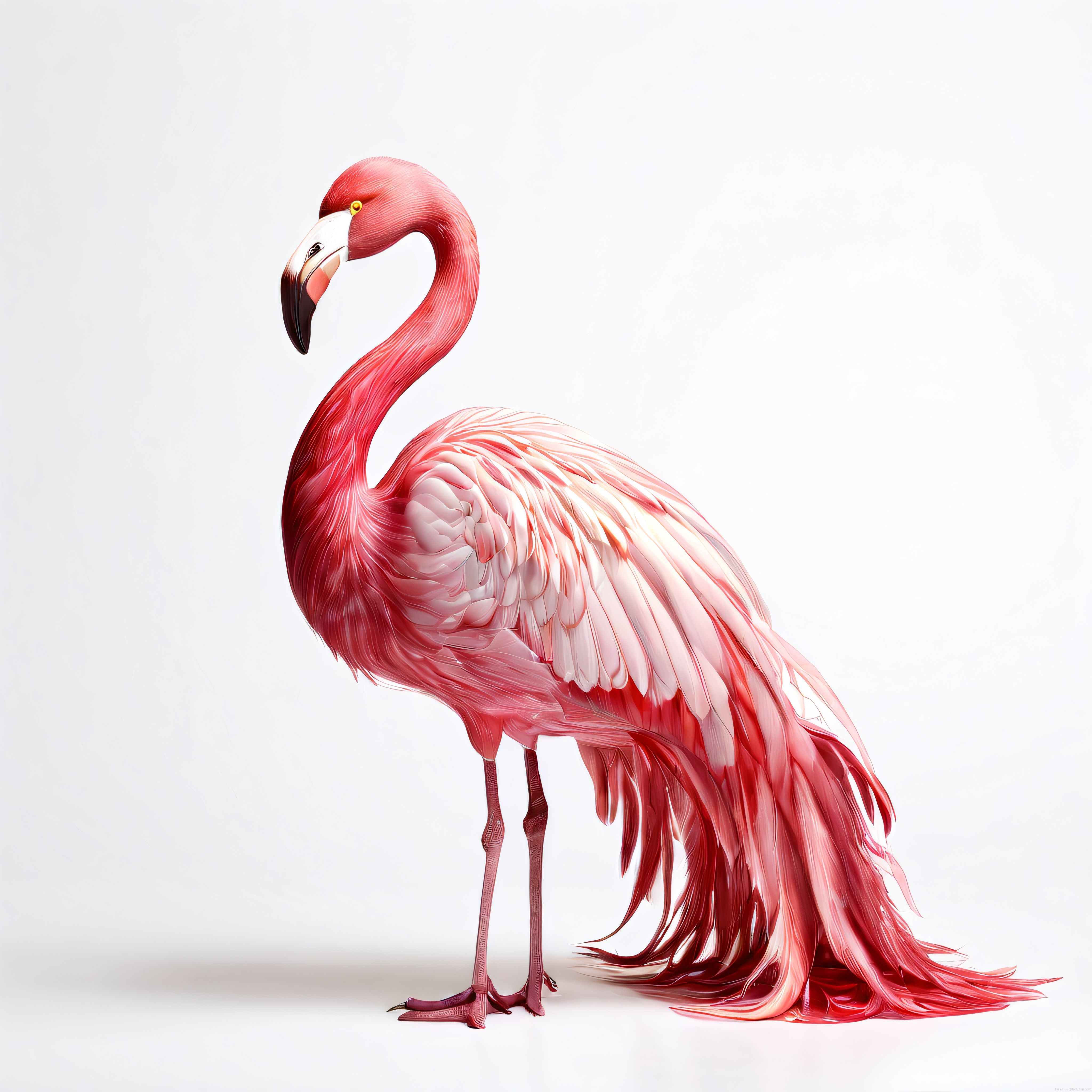 Beyaz zemin üzerinde duran parlak dokulu zarif pembe flamingo illüstrasyonu