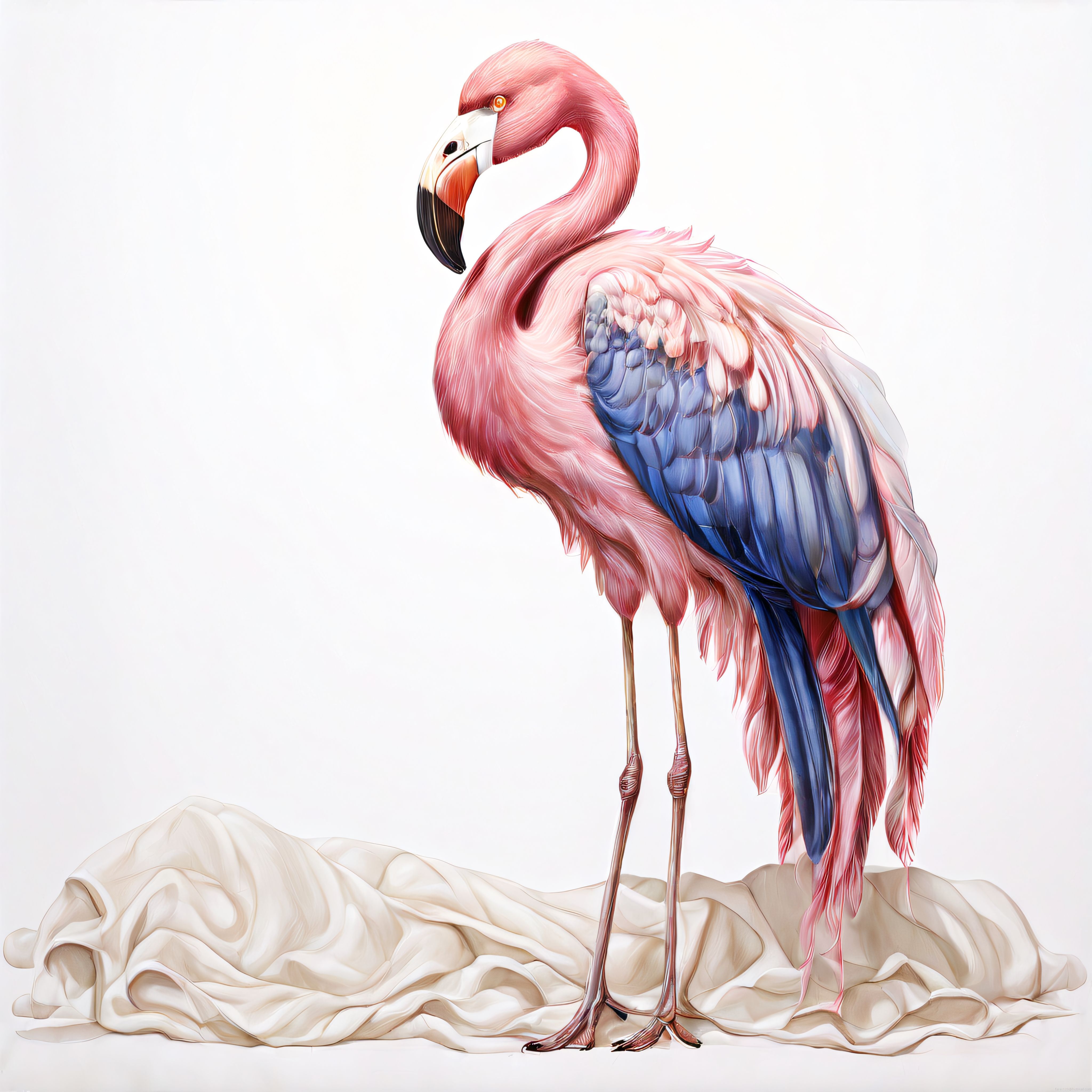 Beyaz Zemin Üzerinde İncelikle İşlenmiş Pembe ve Mavi Flamingo Tasviri