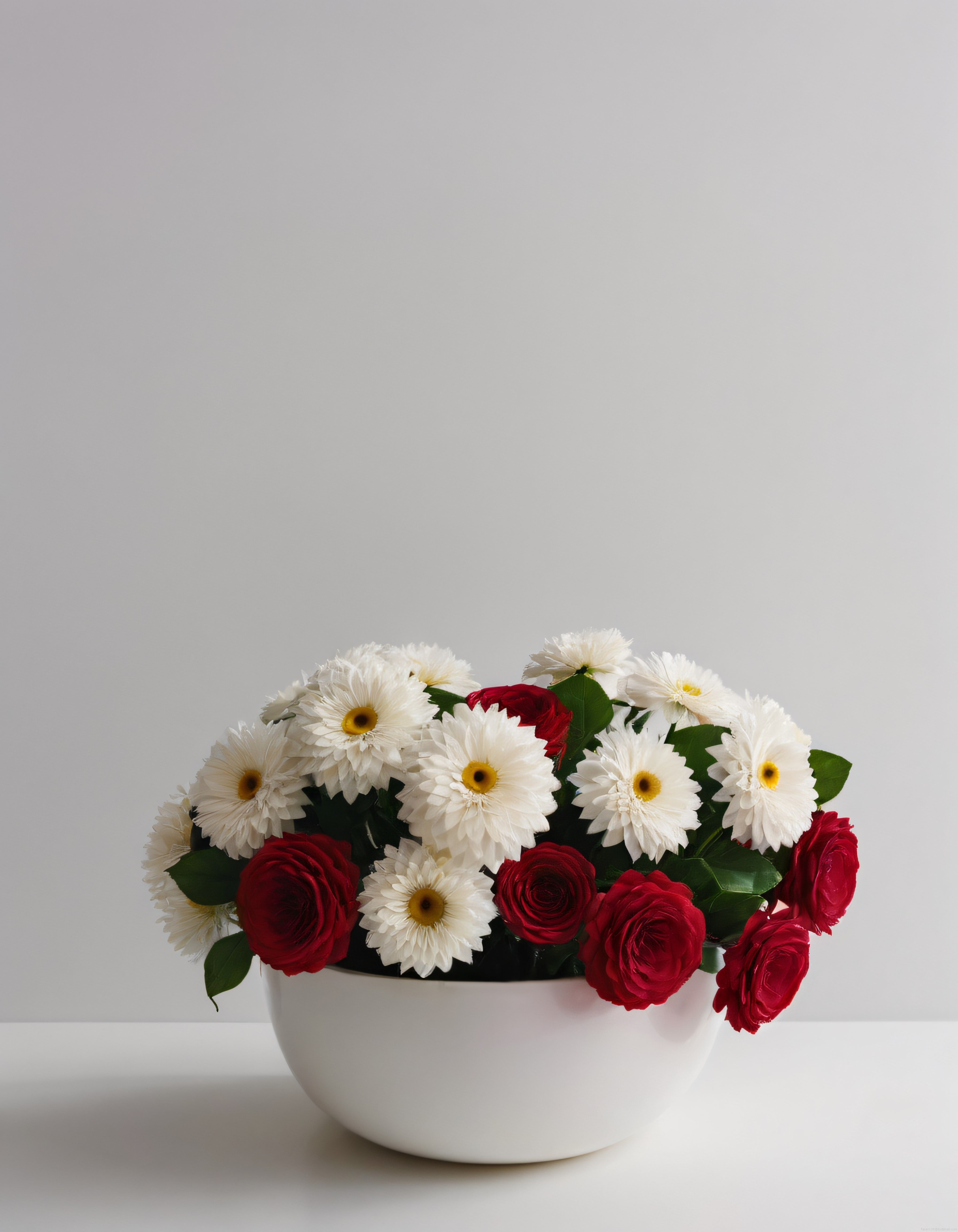 Beyaz Zemin Üzerinde Kırmızı Gül ve Beyaz Gerbera Çiçek Aranjmanı