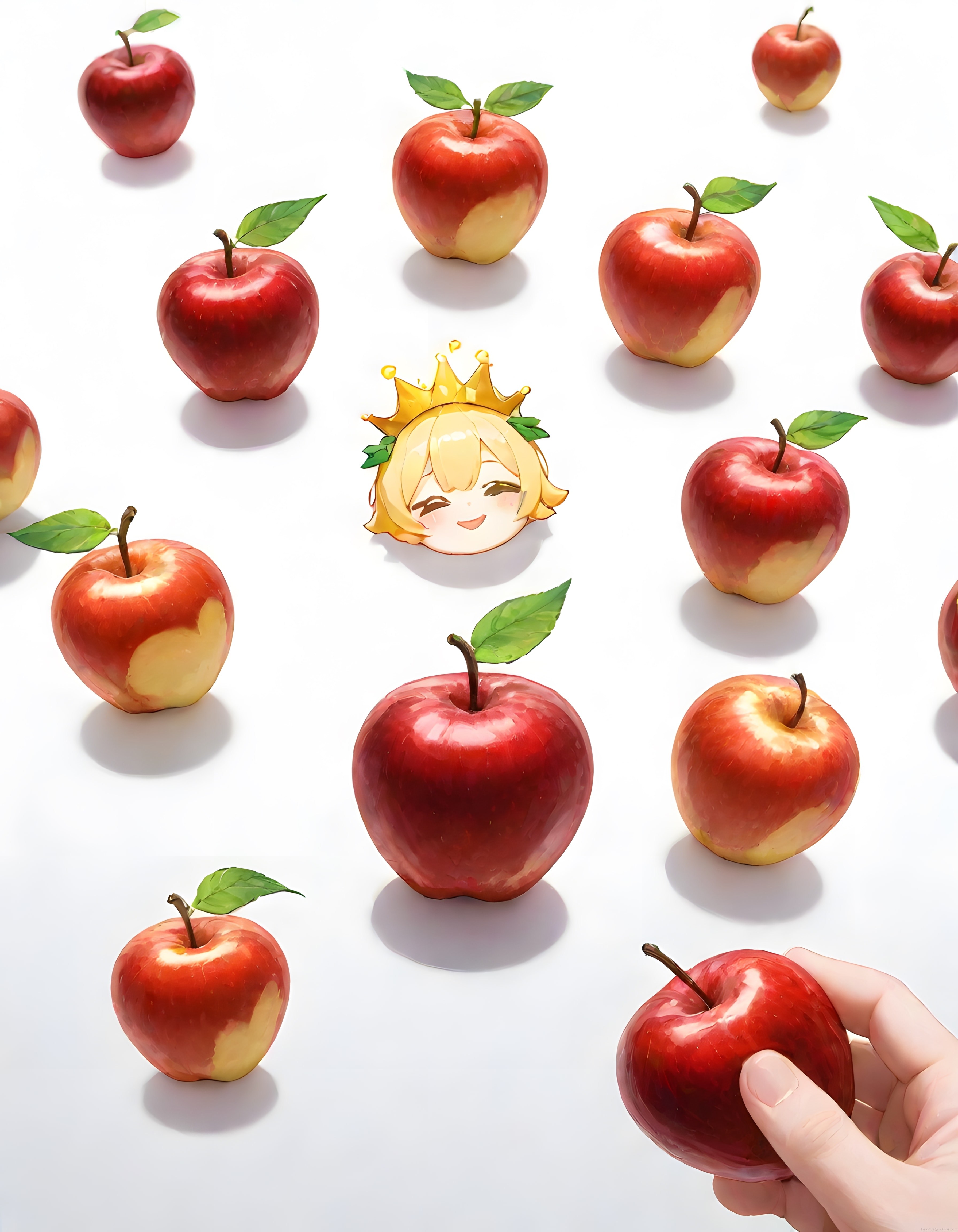 Beyaz Zemin Üzerinde Parlak Kırmızı Elmalar ve Taçlı Gülümseyen Anime Kız