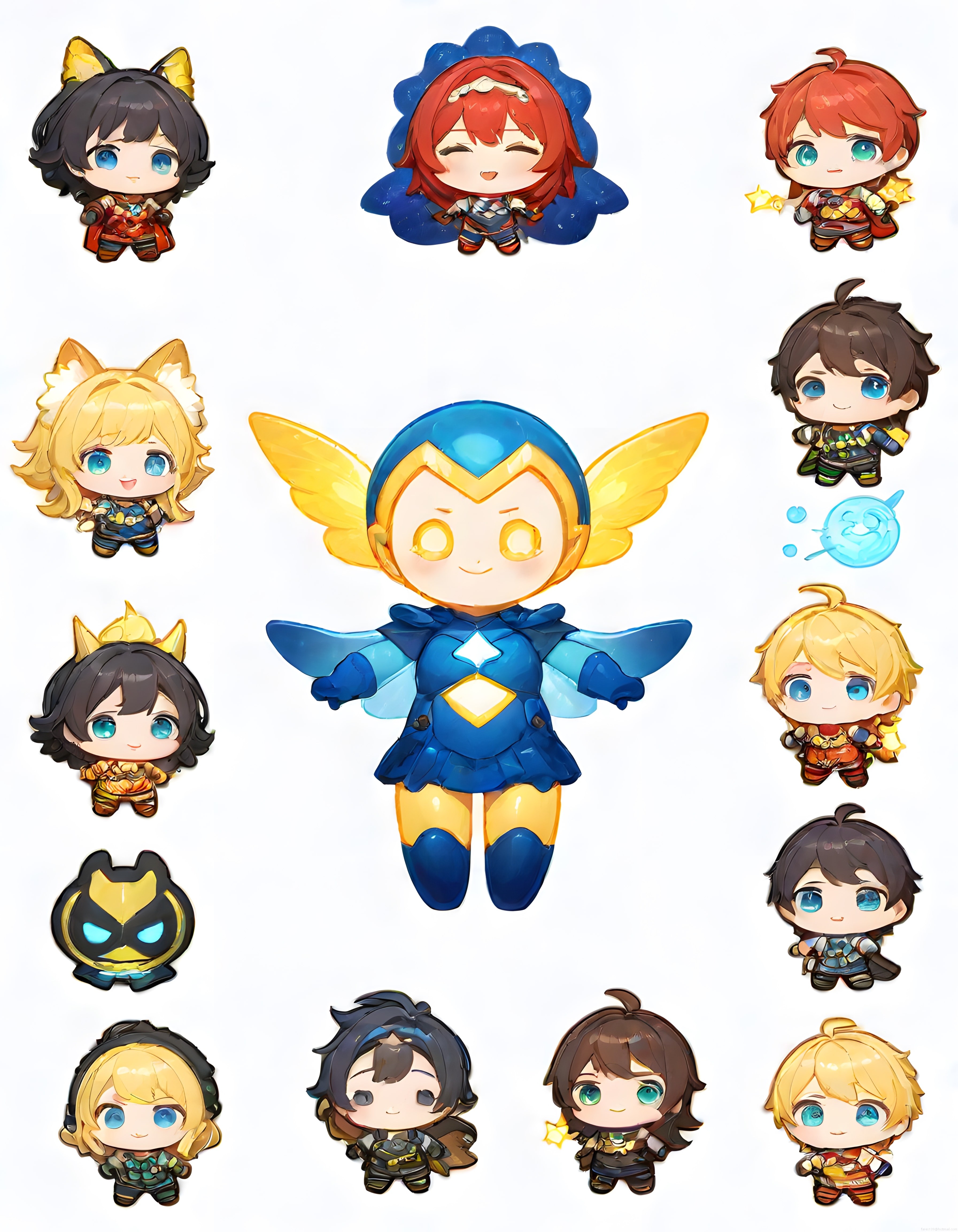Beyaz zemin üzerinde sevimli chibi anime karakterleri ve süper kahraman figürü