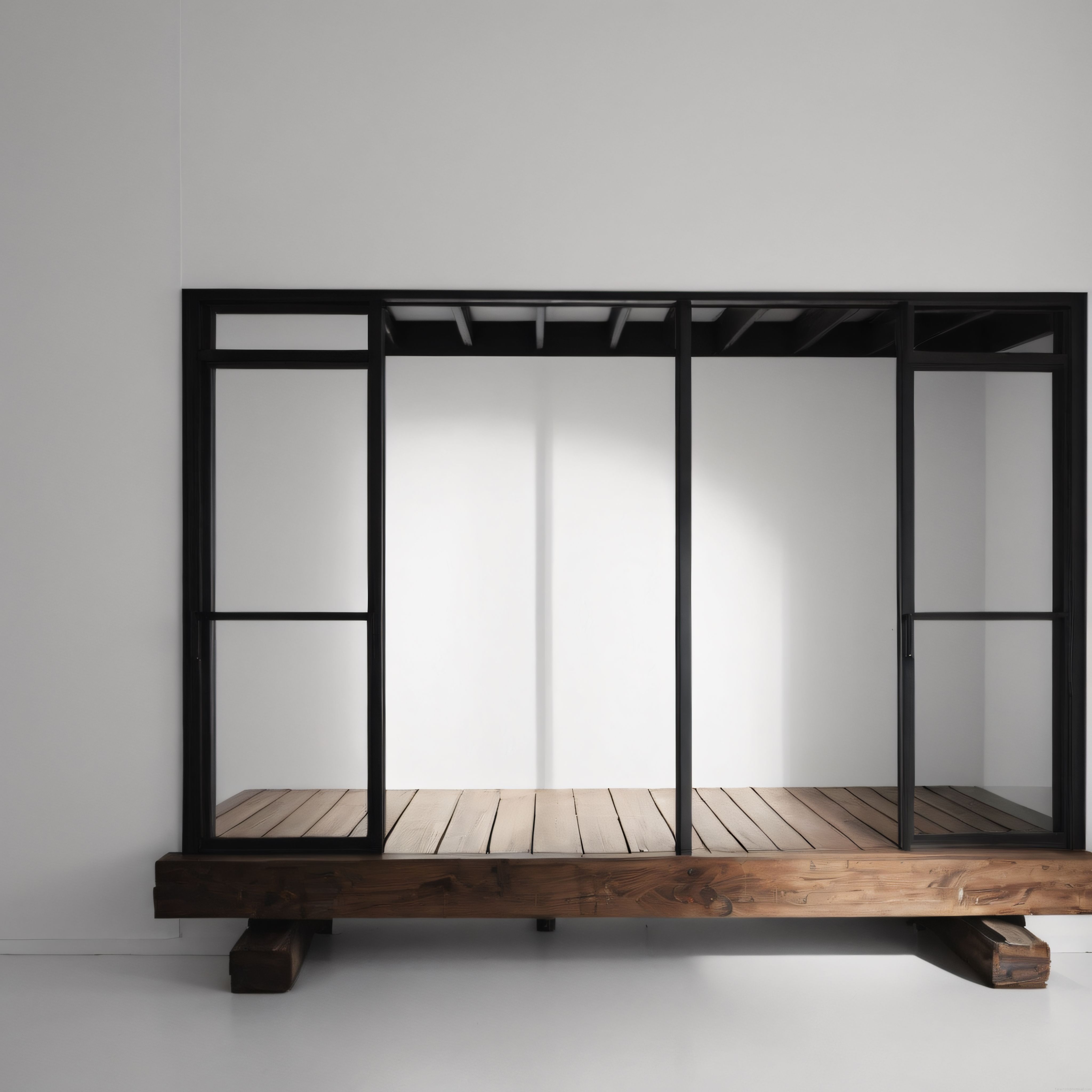 Beyaz Zemin Üzerinde Siyah Metal ve Ahşap Detaylı Minimalist Kapı Pencere