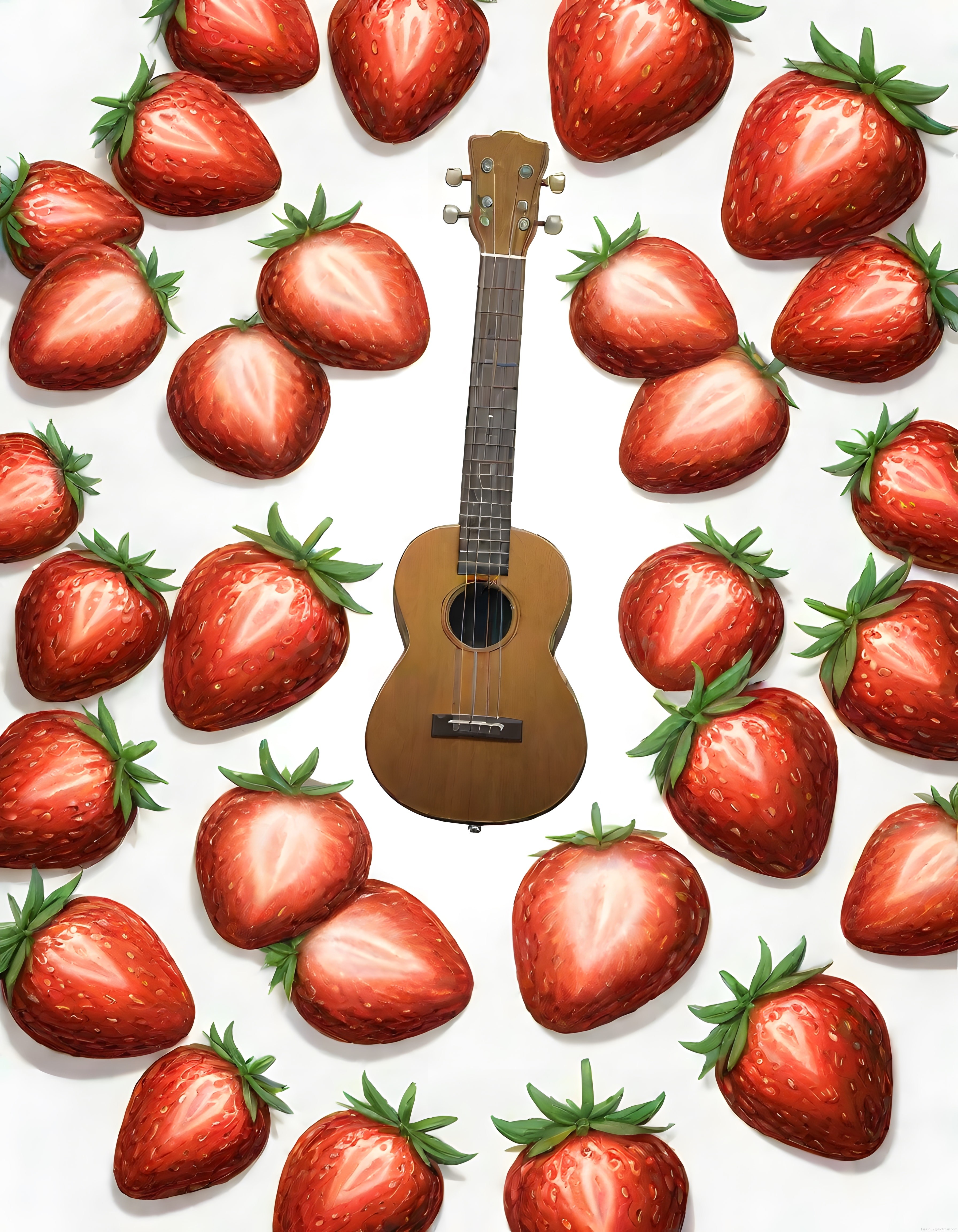 Beyaz Zemin Üzerinde Ukulele ve Taze Çileklerle Oluşturulmuş Yaratıcı Düzen