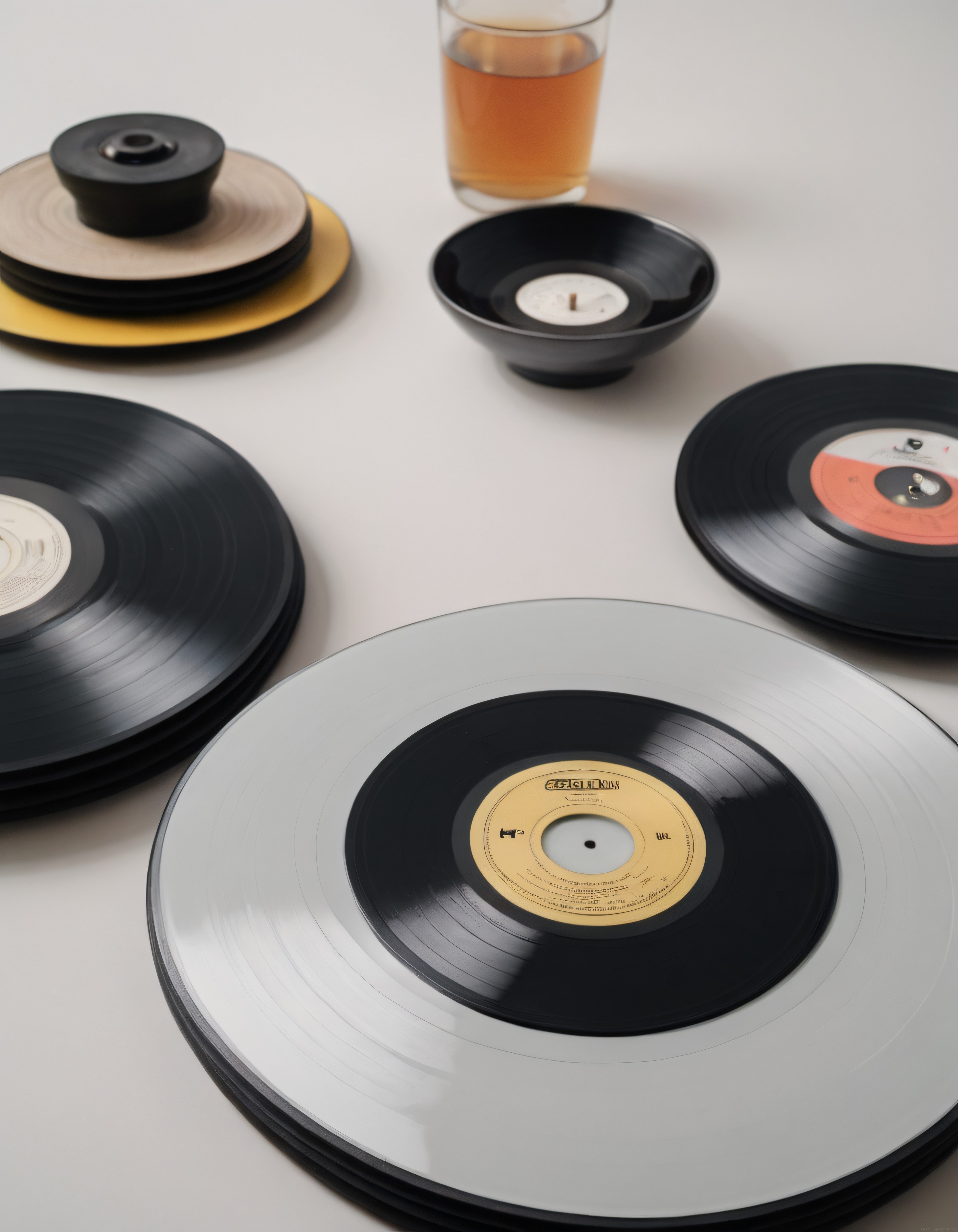 Beyaz Zemin Üzerinde Vintage Vinil Plak Koleksiyonu ve Retro Müzik Atmosferi