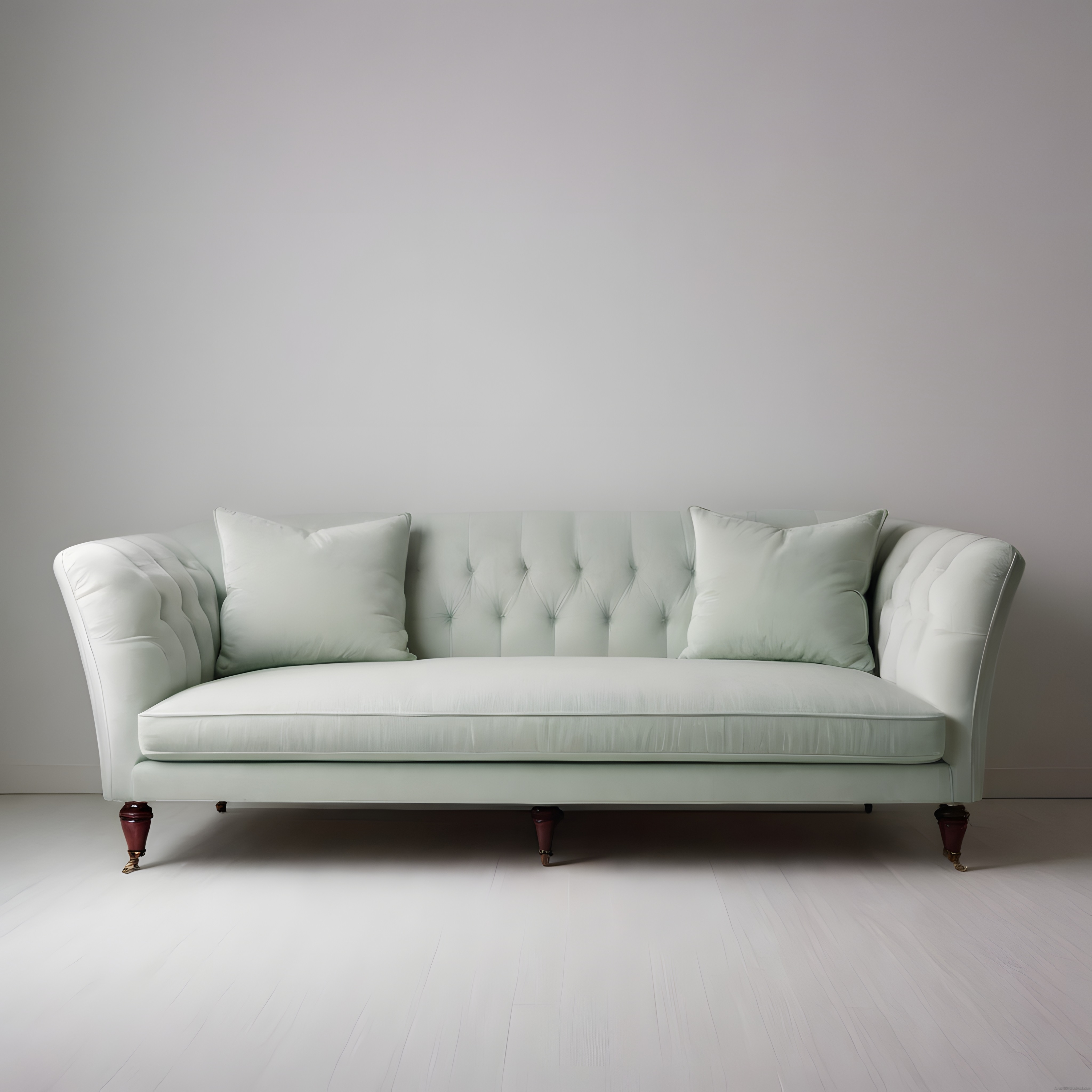 Beyaz zemin üzerinde zarif mint yeşili chesterfield kanepe ve minderler